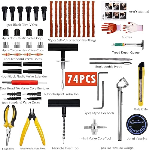 Miniatura 2 de AUTOWN Kit de reparación de neumáticos planos, 74 piezas de tapones universales para neumáticos, kit de reparación de pinchazos de neumáticos planos