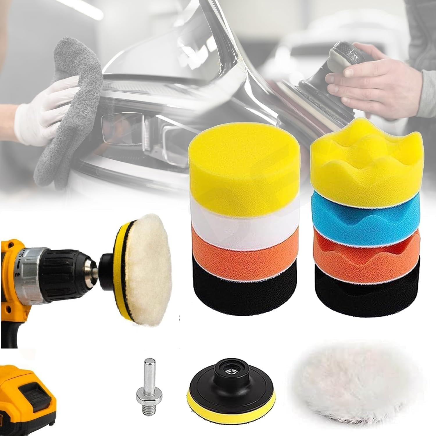 Prishva® Modern Polishing Pads Sponge and Woolen Buffing Waxing Pads Kit | Car Foam Drill 3-Inch Polishing Pads | Car Polisher Buffing and Waxing Set | Includes Waxing Towel | 11 PCS