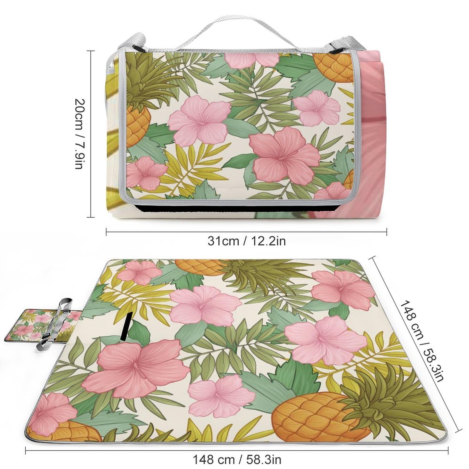 Hand-Drawn-Tropical-flowers1 Picnic Blanket Waterproof Foldable, Large Outdoor Picnic Blanket Beach Blankets Camping Blanket Travel Mat, Shoulder Strap Tote, Rectangle 58x58in