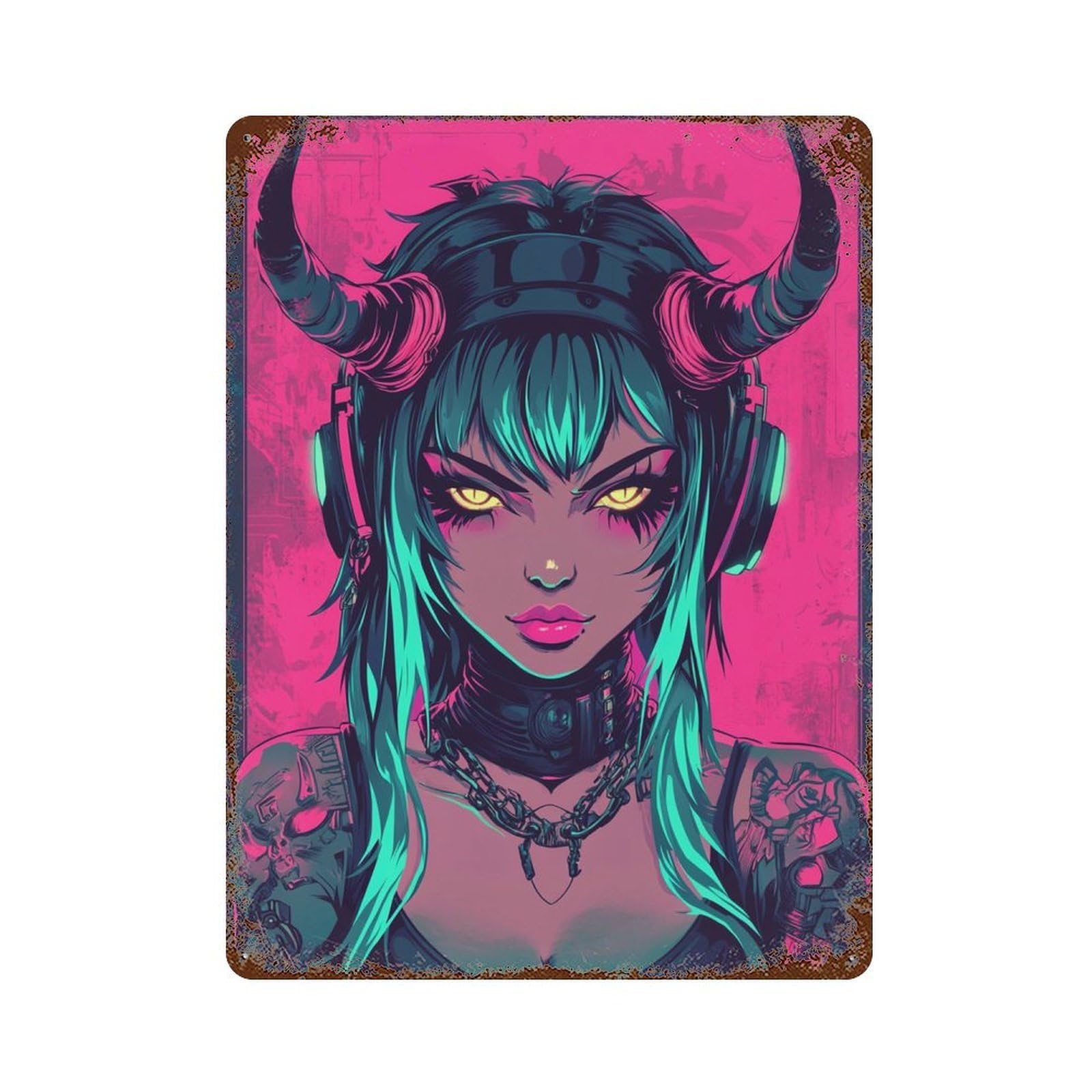 Rust Effect Devil Girl Art Print Rustic Tin Plaque 15.7"x11.8", Decorative Metal Wall Art for Farmhouse, Kitchen And Entryway Decor