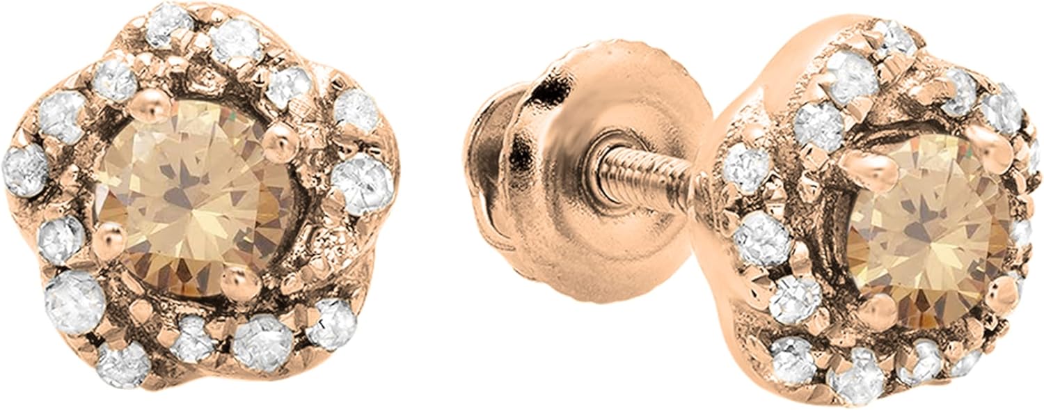 Dazzlingrock Collection 0.45 Ctw Round Champagne & White Natural Diamond Flower Shape Halo Stud Earrings for Her in Real Solid Gold
