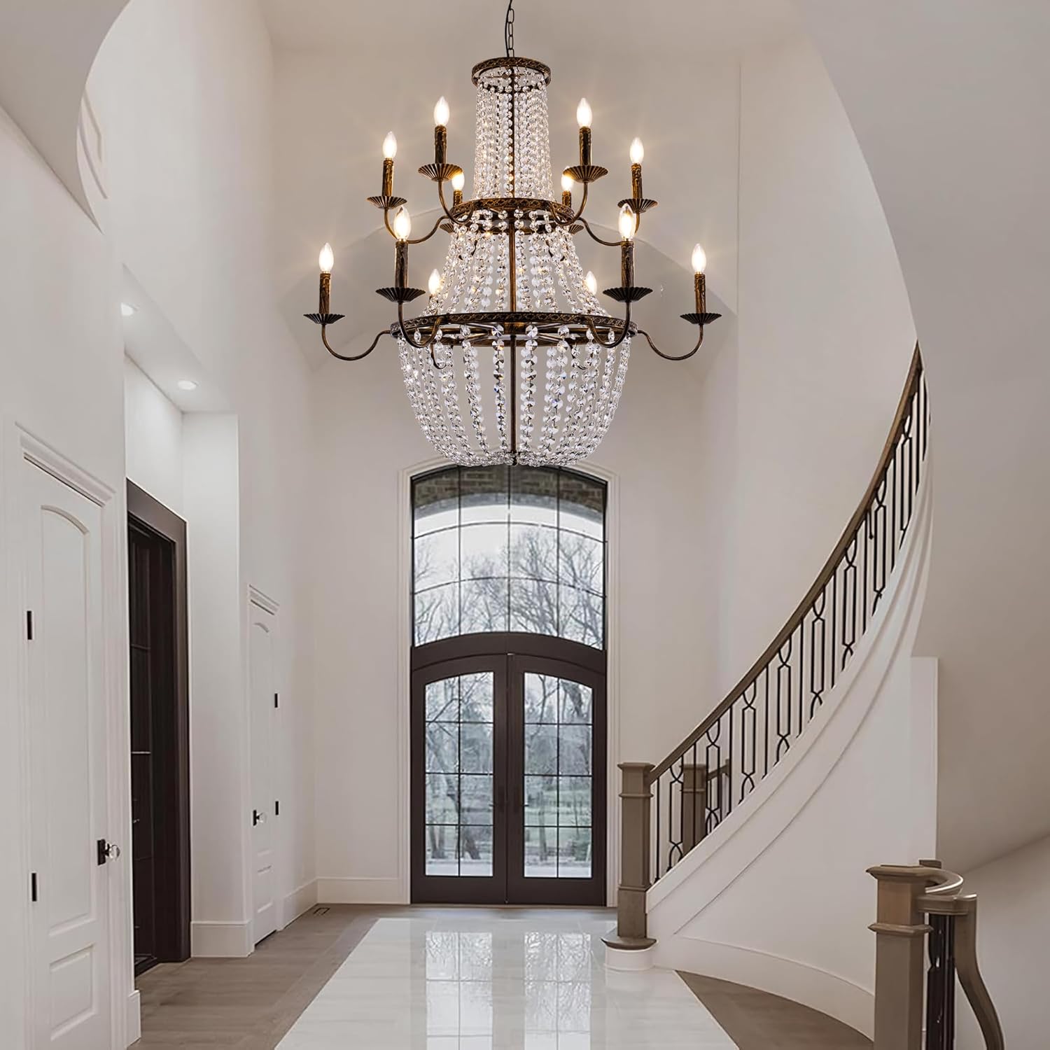 TOCHIC 40'' Long Large Crystal Chandeliers for High Ceilings, 2-Tier Modern Farmhouse Empire Staircase Chandelier 12 Lights Vintage Foyer Chandelier Luxury Crystal Light Fixture for Entryway Hallway