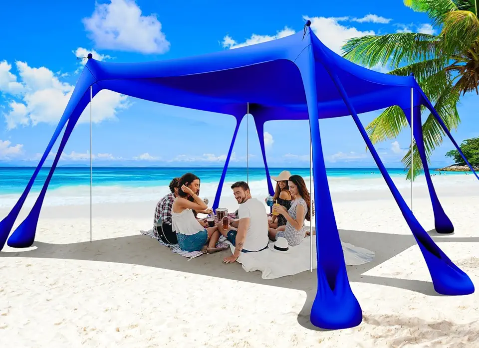 Tenda de Praia com Dossel Pop-Up Sombra 10X10 Pés Abrigo Solar Família Portátil Upf50 + com 8 Sacos de Areia-2 Pás de Areia-4 Postes de Alumínio-Estacas de Solo-Bolsa de Transporte para Acampa