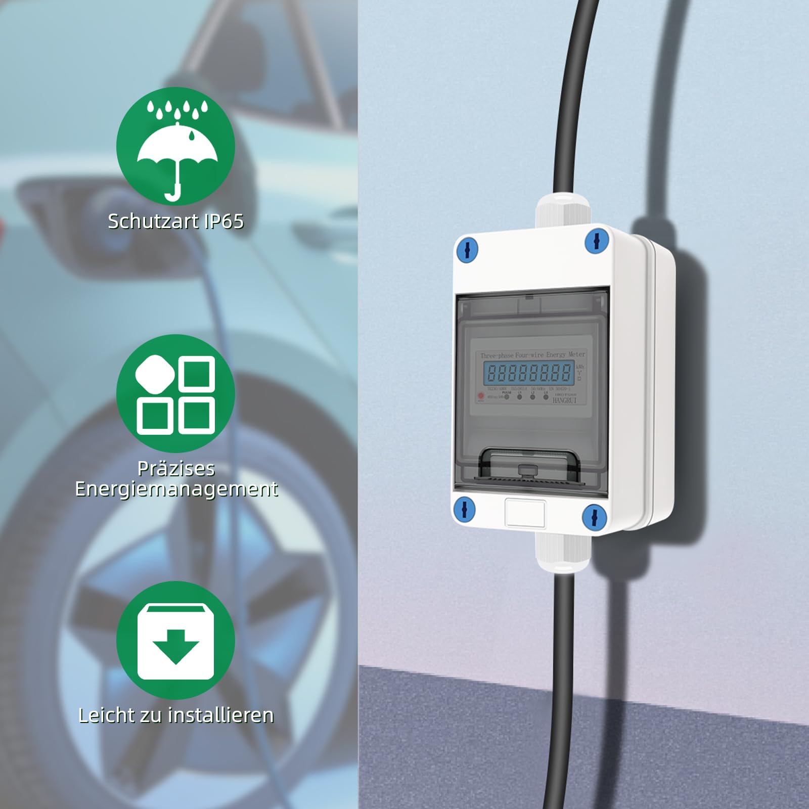 Mobiler Digitaler Stromzähler 3 Phasen 16A 400V CEE Stecker Kupplung IP68 2m Kabel