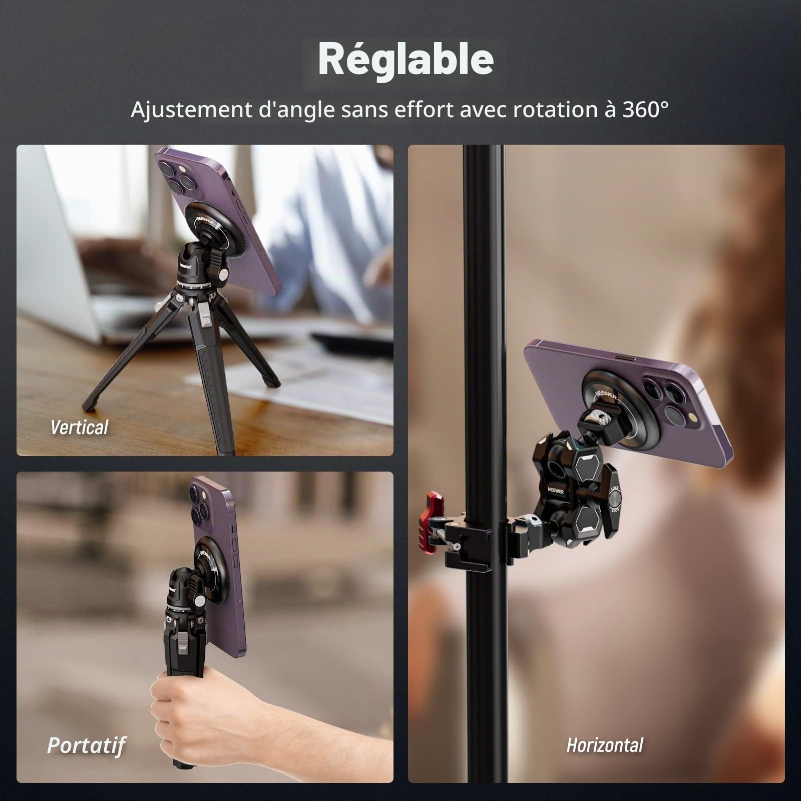 NEEWER Adaptateur trépied de téléphone magnétique avec Trous de 1/4" Compatible avec iPhone MagSafe Selfie Stick pour 15 Pro Max 15 Plus 14 13 12 Pro Max Mini, PA010