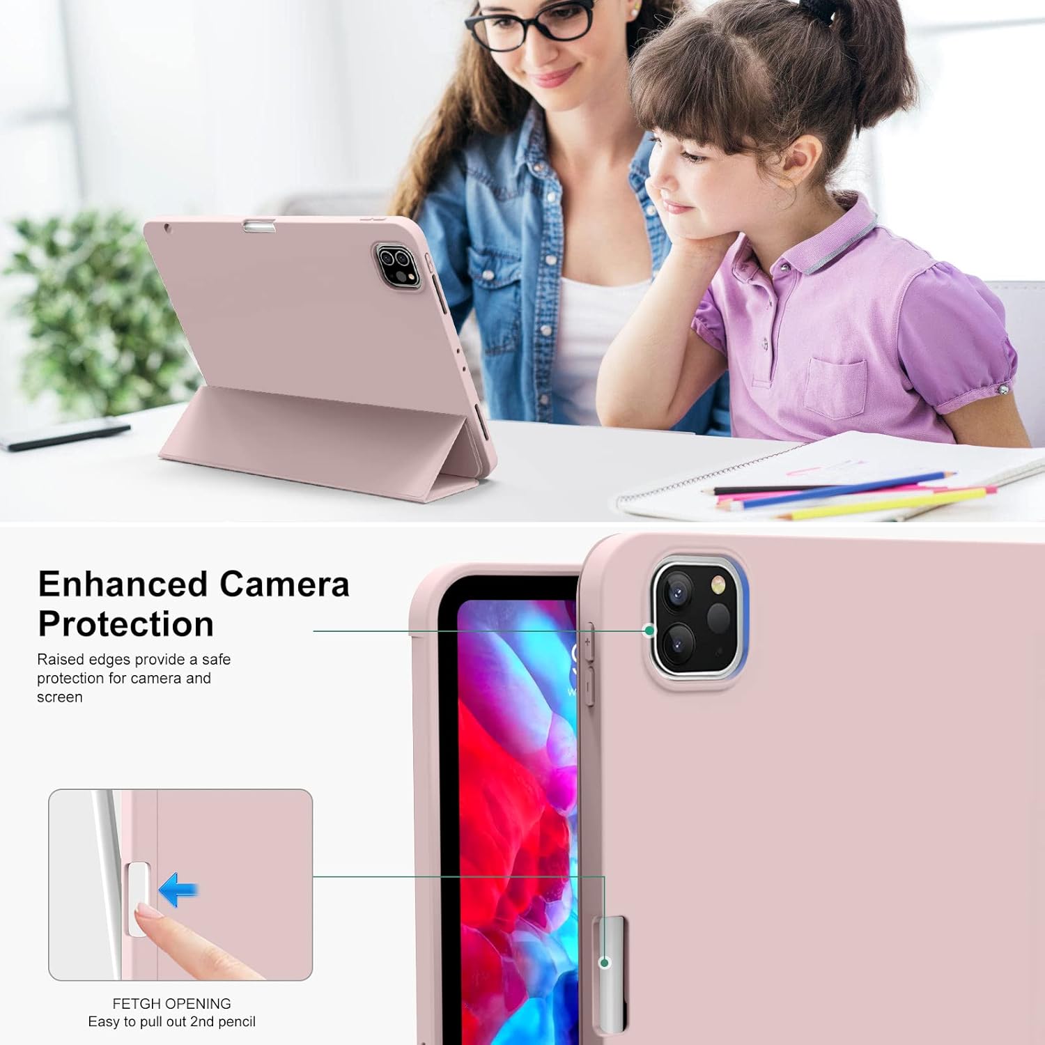 KENKE for iPad Pro 11 Inch Case 4th/3rd/2nd Generation 2022/2021/2020 Magnetic Attachment 2nd Pencil with Right Side Pencil Holder Soft Slim PU Cover Auto Wake/Sleep (Pink) - Image 7