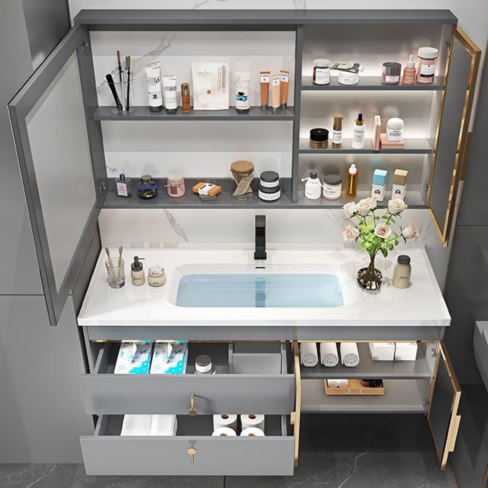 Set di Mobili da Bagno con Lavabo in Ceramica, Armadietto A Specchio, Set di Mobili da Bagno Lavabo con MobilettoWhite,90cm/36in