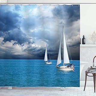 Ambesonne Sailboat Shower Curtain, Sailing After a Storm Transportation Colorful Outdoors Hobby Cloudscape, Cloth Fabric Bathroom Decor Set with Hooks, 69" W x 70" L, Blue Grey Blue White