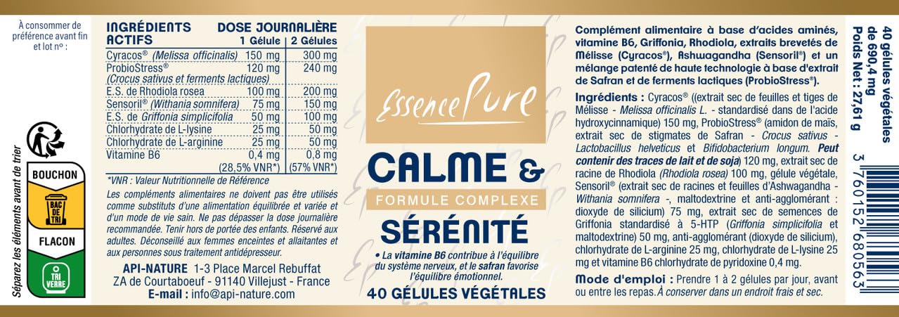 Calme & Sérénité | Ashwagandha + Safran + Griffonia 5-HTP + Rhodiola + Mélisse - Stress Anxiété Angoisse | 40 Gélules Végétales - Essence Pure Api-Nature