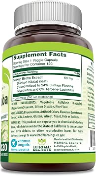 Herbal Secrets Ginkgo Biloba Supplement | (Ginkgo Leaf Extract) | 60 Mg Per Serving | 120 Veggie Capsules | Non-GMO | Gluten-Free | Made in USA