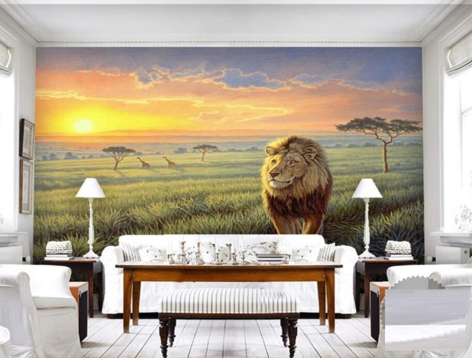 Papier peint panoramique lion des prairies 3D tapisserie murale 300x210 cm pour salon