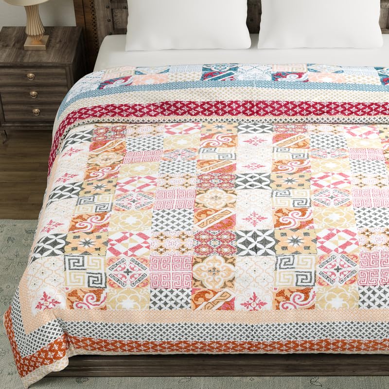 Image of BLOCKS OF INDIA Hand Block Printed Cotton King Size Quilt /Rajai (90 Inch X 108 Inch RED CHOKDI) Skin Friendly, 300 TC