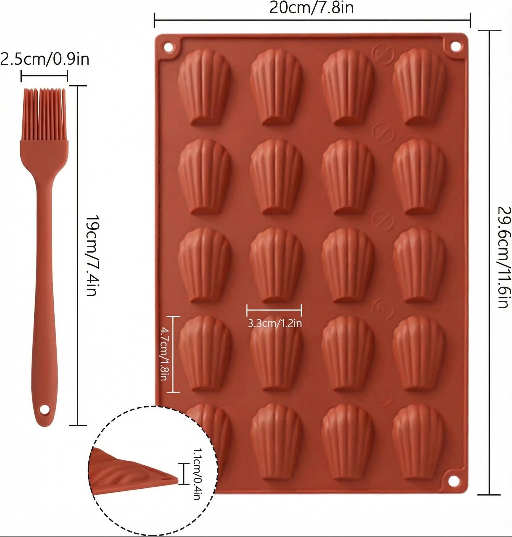 YXHZVON Madeleine - Moldes para hornear (2 unidades, silicona, 20 cavidades con 1 cepillo de silicona, moldes de chocolate, sin BPA, para mini pasteles de chocolate, color rojo)