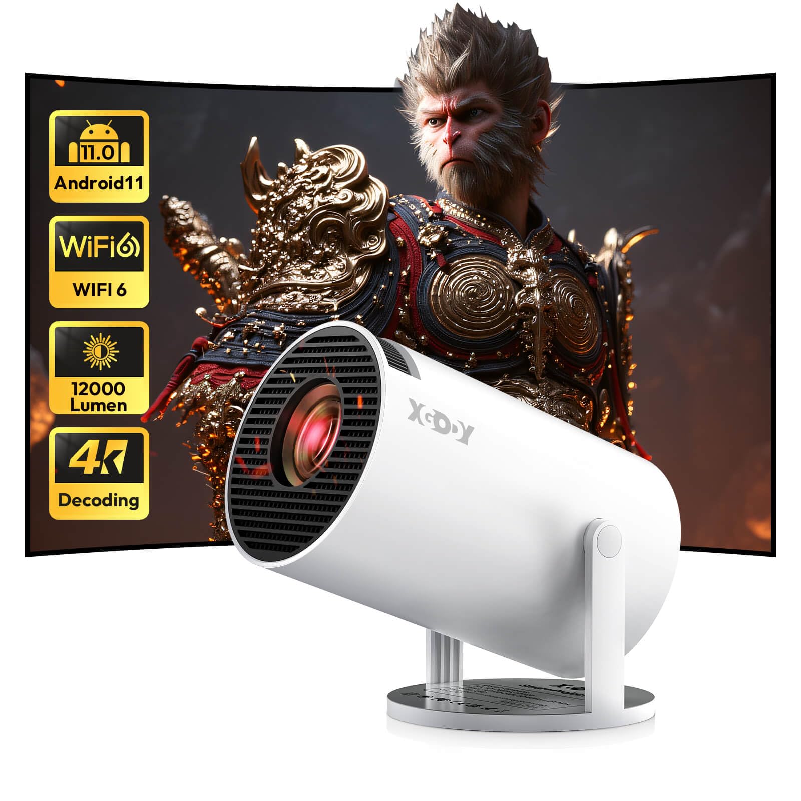 [2025 Upgraded & Android 11.0] Mini Proyector Nativo 720P HD, Soporta 4K 1080P, Xgody Gimbal 3 Nuevo Proyector Portátil 12000 Lúmenes, WiFi 6, Bluetooth, Auto Keystone, Video Proyector para Cine en