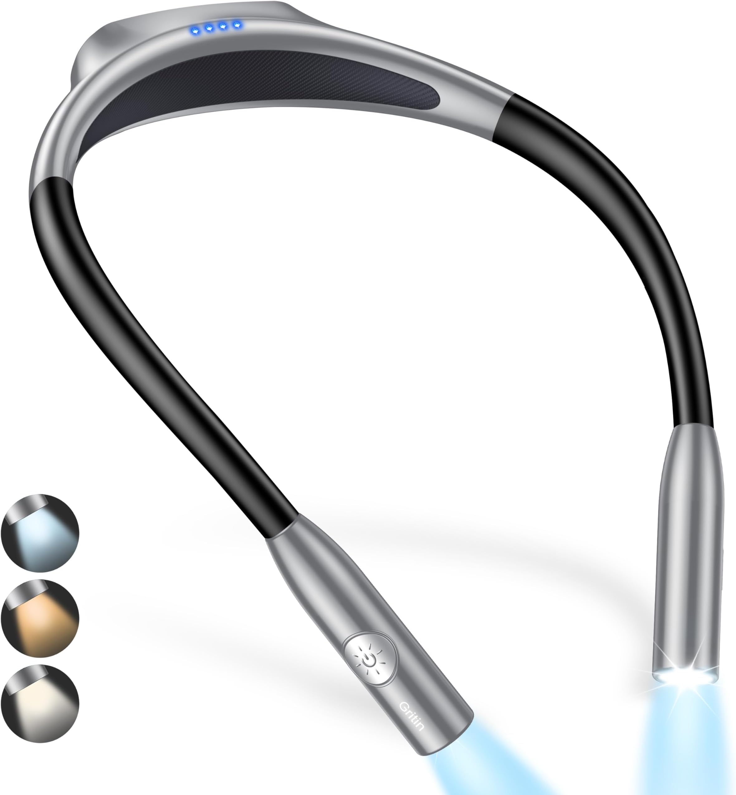 Gritin LED Neck Reading Light,Book Light for Reading in Bed-Eye Caring 3 Colors, Dimmable Brightness, Bendable Arms, 80+Hrs Runtime, Neck Round Design, Lightweight for Crafting, Knitting-Gray