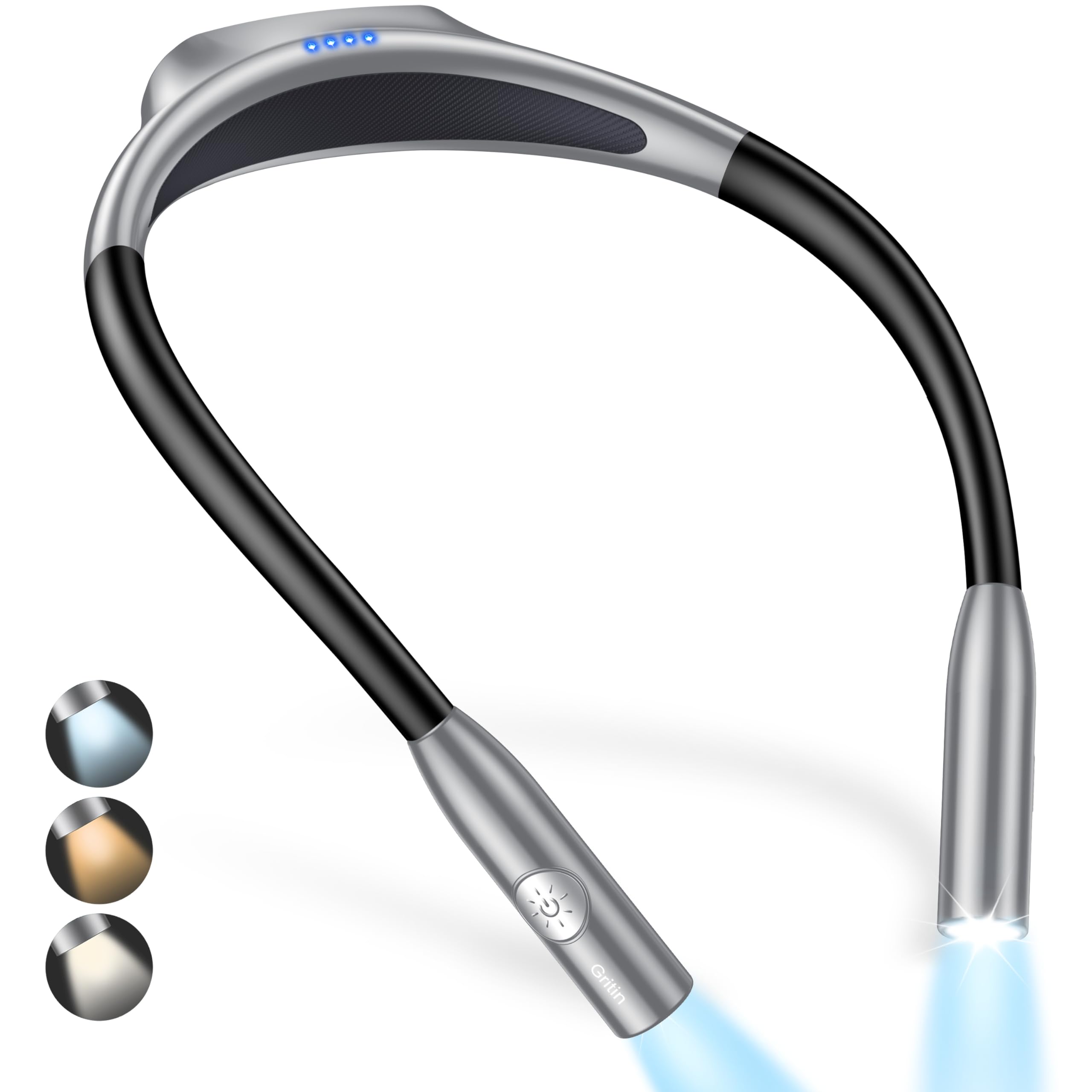 Gritin LED Neck Reading Light,Book Light for Reading in Bed-Eye Caring 3 Colors, Dimmable Brightness, Bendable Arms, 80+Hrs Runtime, Neck Round Design, Lightweight for Crafting, Knitting-Gray