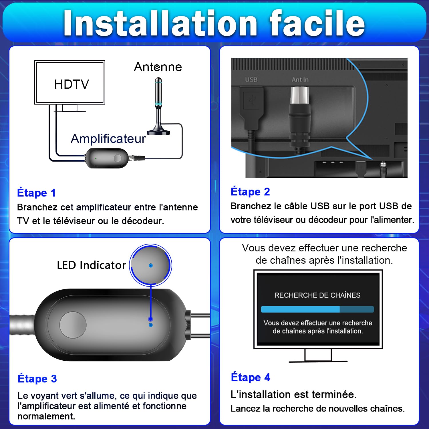 Amplificateur Antenne TV Booster Signal TNT DVB-T2 Compatible Télévision Numérique Full HD 4K UHD