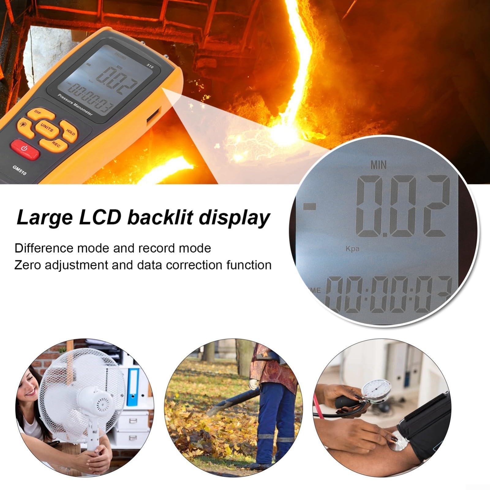 GM510 Digitales Differenzdruckmessgerät Mit USB, LCD-Hintergrundbeleuchtung ±10kPa Messbereich 0,5S Reaktionszeit Für Lüfter Für Druck, Filterwiderstand Kessel Für Druck Und Medizinische Geräte