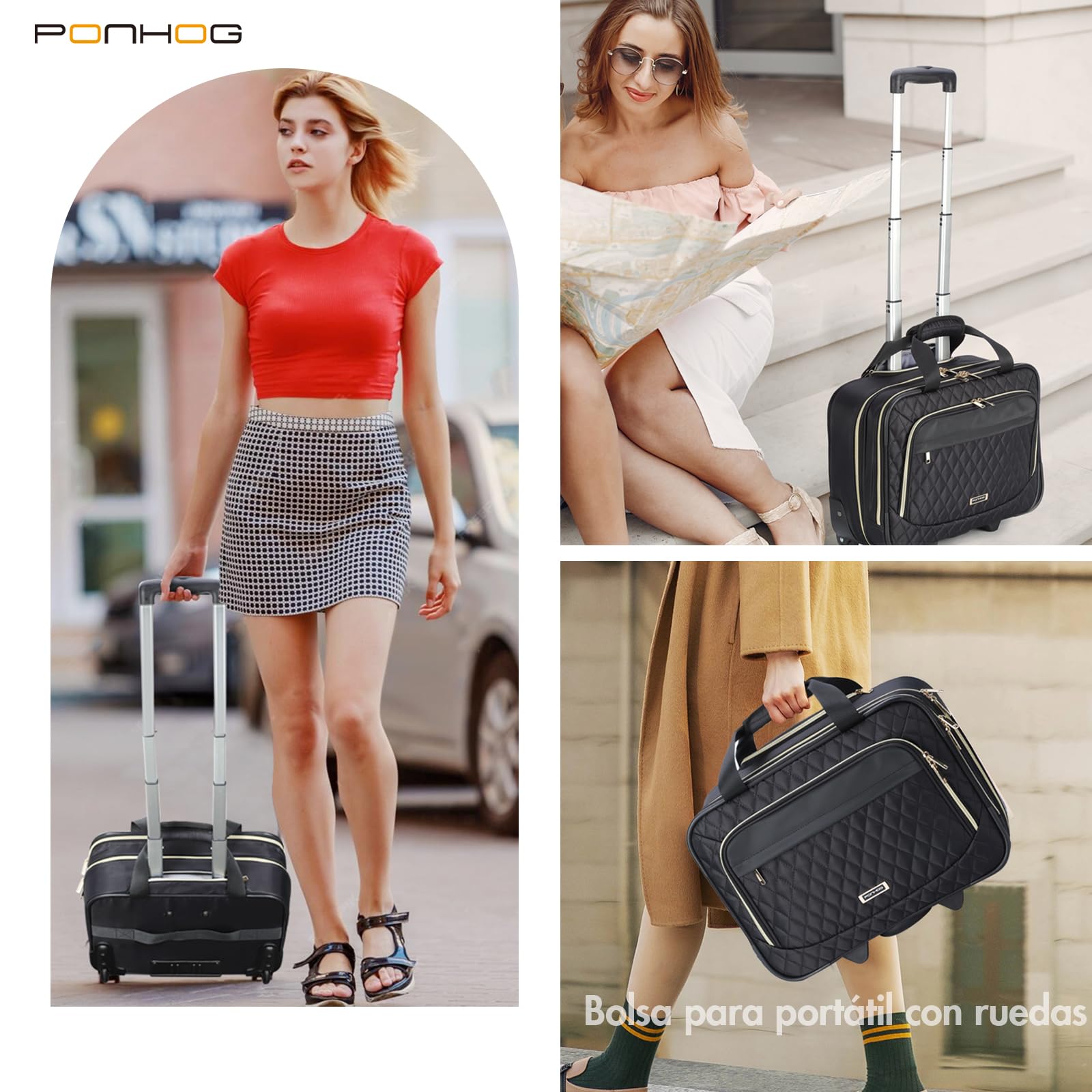 Ponhog Maletin con Ruedas Portatil 15,6 Pulgadas para Mujer, Impermeable Laptoptasche mit Rollen para Negocios, Viajes, Escuela, Negro