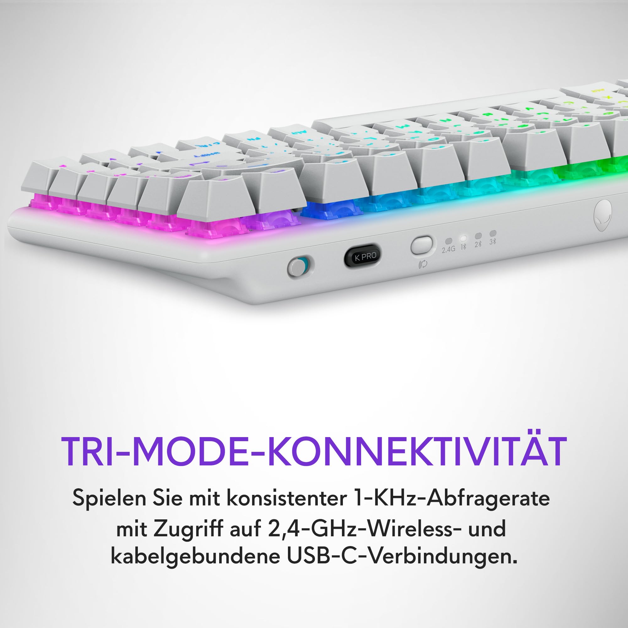 Alienware Pro Kabellos Gamingtastatur LL, 75% Formfaktor, AlienFX RGB | Lineare mechanische Switches, Hot‑Swap, 2,4 GHz Bluetooth / USB‑C, PBT‑Tastenkappen, 5 Profile, US QWERTY, Lunar Light