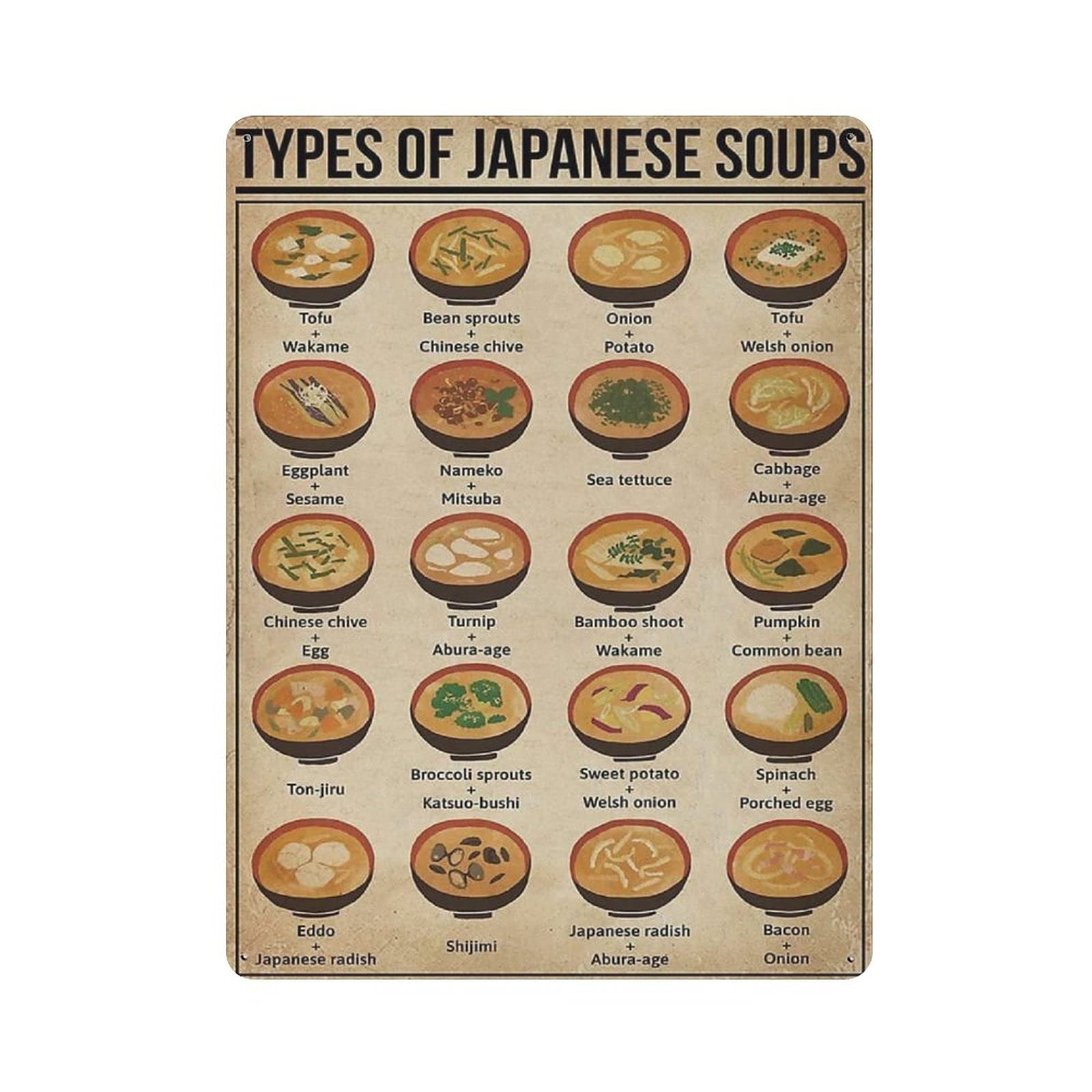 Types of Japanese Soups Knowledge Metal Signs, Fun Poster For Bar Kitchen Cafe Farmhouse Wall Decor 12x16 inch