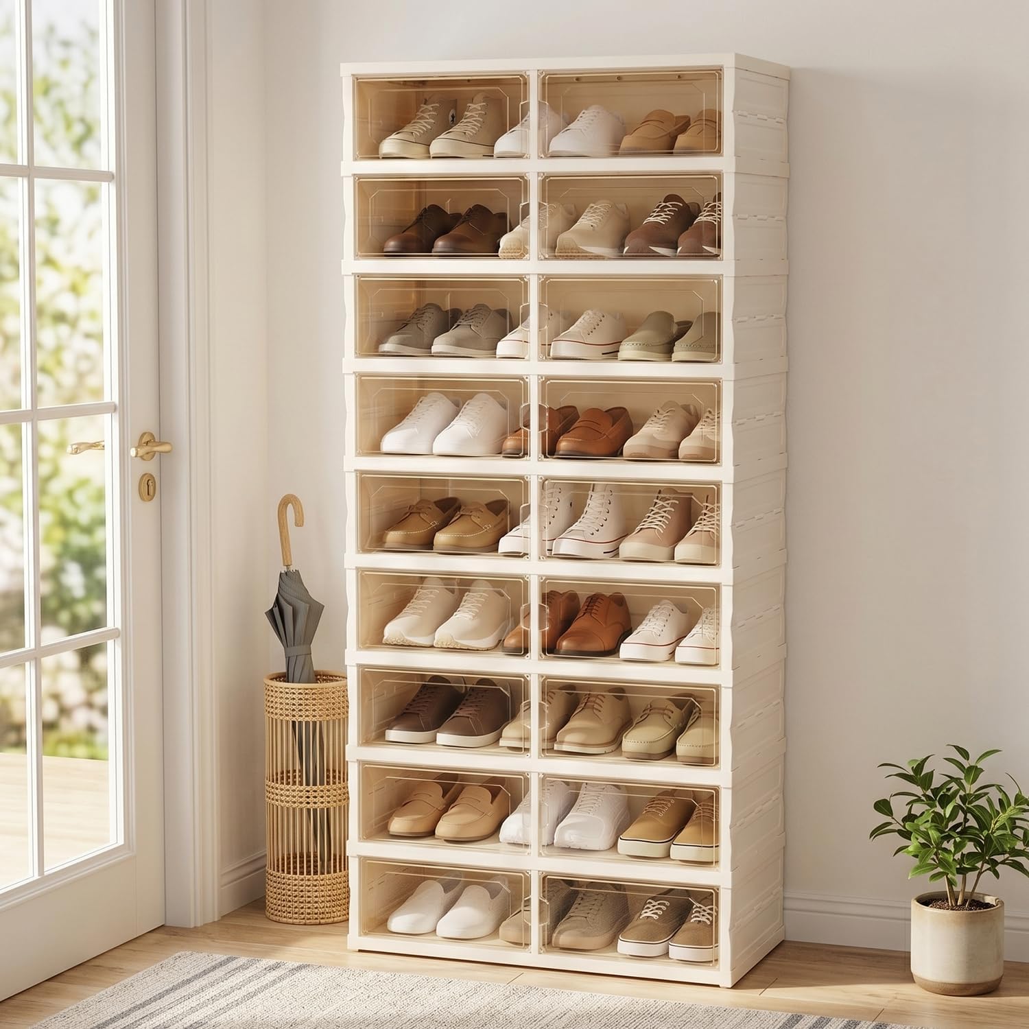 Foldable Shoe Rack with Doors, Stackable Plastic Shoe Organizer, Large Clear Shoe Storage Boxes for Closet and Entryway, Portable Collapsible Shoe Cabinet 9 Tiers, 27Pairs Foldable Shoe Rack with Doors, Stackable Plastic Shoe Organizer, Large Clear Shoe Storage Boxes for Closet and Entryway, Portable Collapsible Shoe Cabinet 9 Tiers, 27Pairs