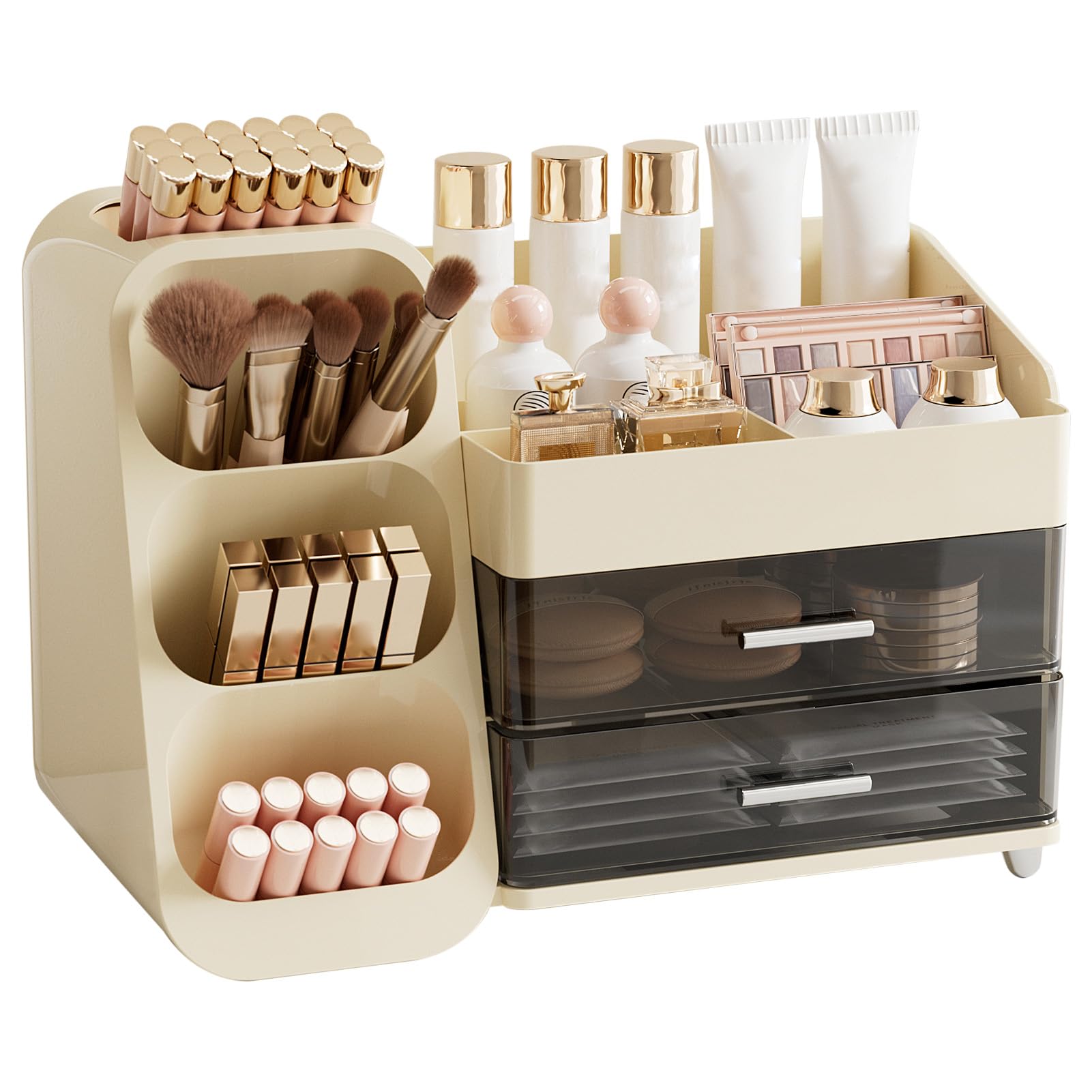 FoiiLiio Make Up Kosmetik Organizer mit 2 Schubladen, Multifunktion Schminktisch Organizer, Einfache Aufbewahrung für Pinsel Lippenstift Skincare für Schminktisch, Bad und Schlafzimmer(Beige) Kosmetik
