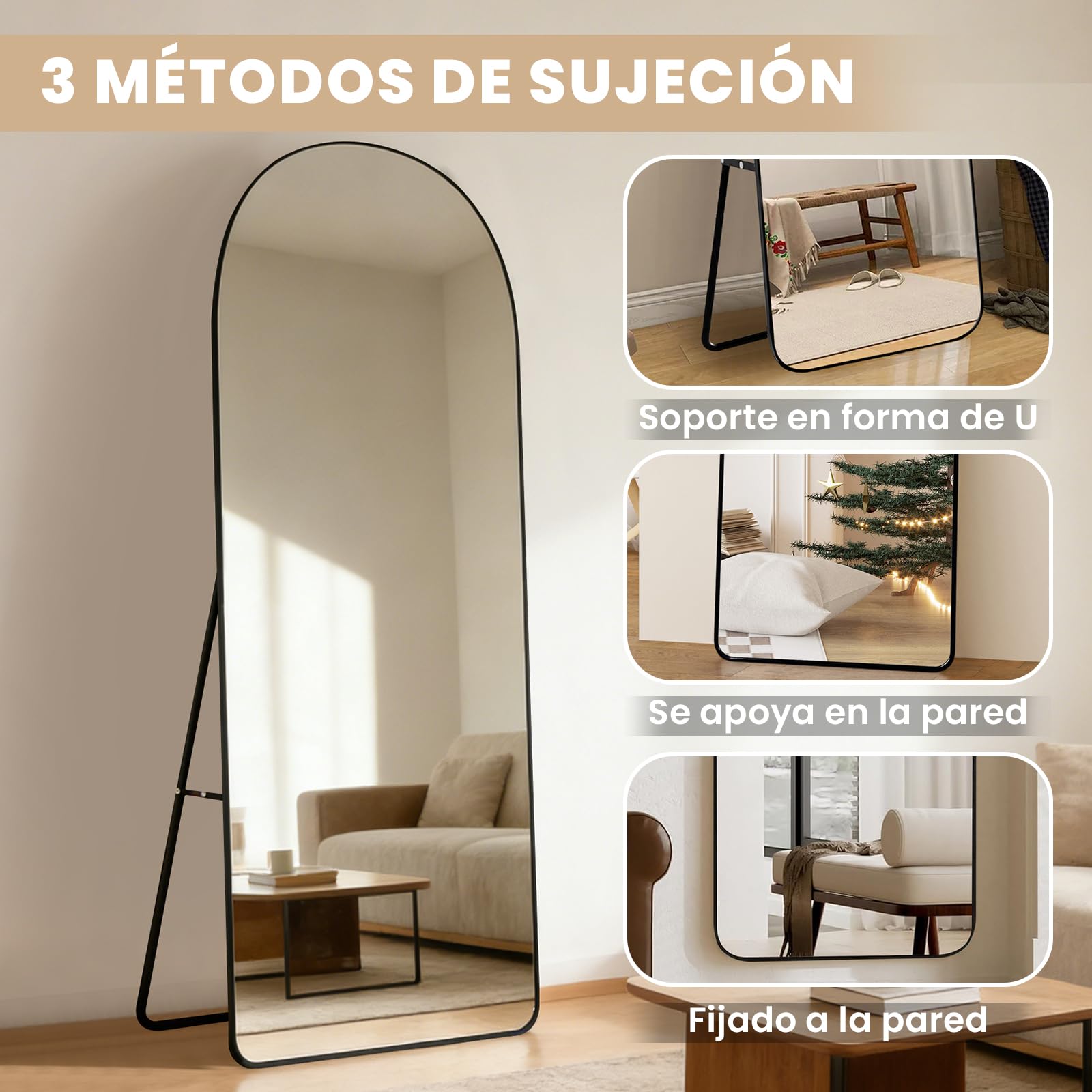 Espejo de Pie Cuerpo Entero 160x50cm Negro en Forma de Arco, Cristal Templado, para Pared o Soporte de Habitación