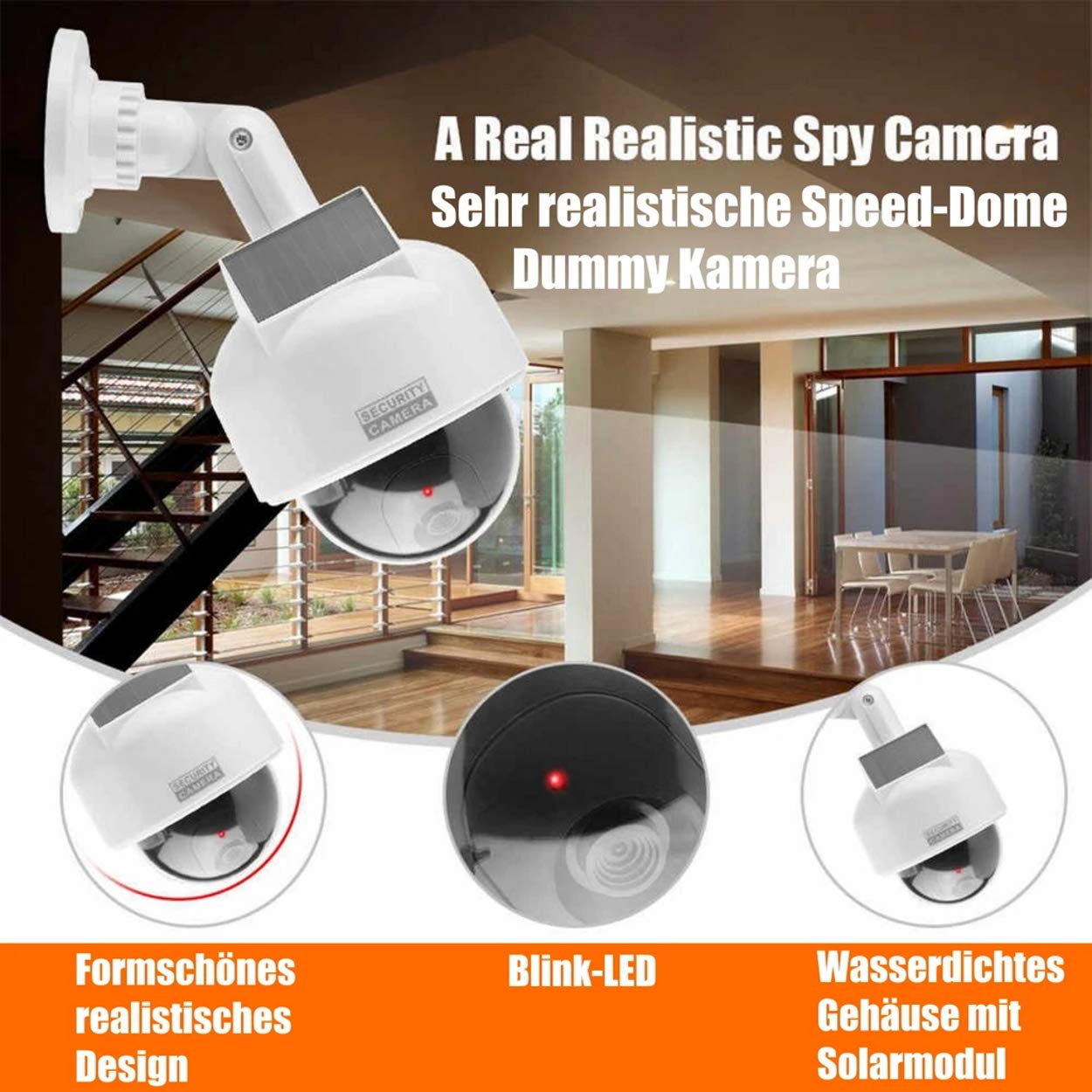 O&W Security Lot de 2 caméras factice de Surveillance solaires Professionnelles Speed Dome - avec Objectif, câble et LED Clignotantes