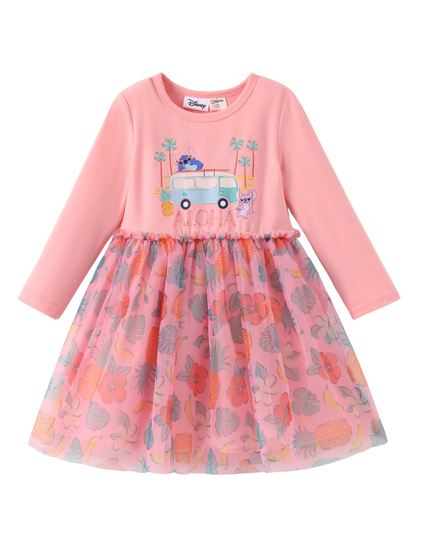 Disney Lilo &amp; Stitch Dress Toddler Girls A-Line Long Sleeve Floral Double-Layered Tulle Winter Fall Clothes Kids Birthday Gift Party Outfit 4-5T