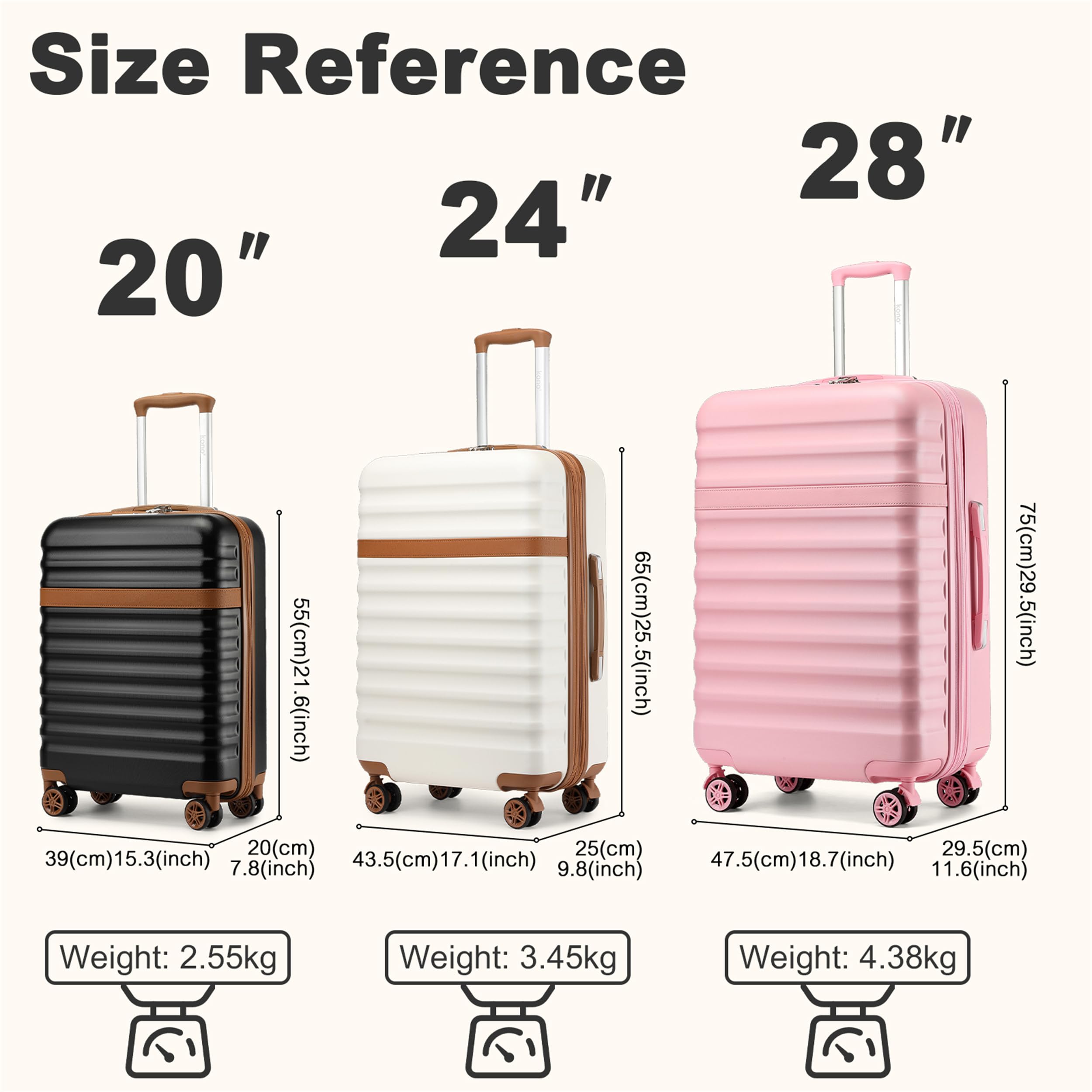 Kono Walizka podręczna ABS + PC Hardshell lekki bagaż podróżny z kółkami obrotowymi TSA Lock, Szary/brązowy, Medium-24 inch, Walizka podręczna ABS + PC Hardshell lekki bagaż kabinowy podróżny