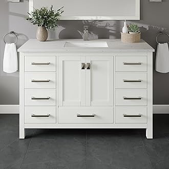 EvivaLondon 48 Bathroom Vanity with Top and Sink - Freestanding 48 Vanity with Sink and Countertop Quartz - White Single Sink Bathroom Vanity W/Porcelain Sink Combo for Modern Bathroom Vanities