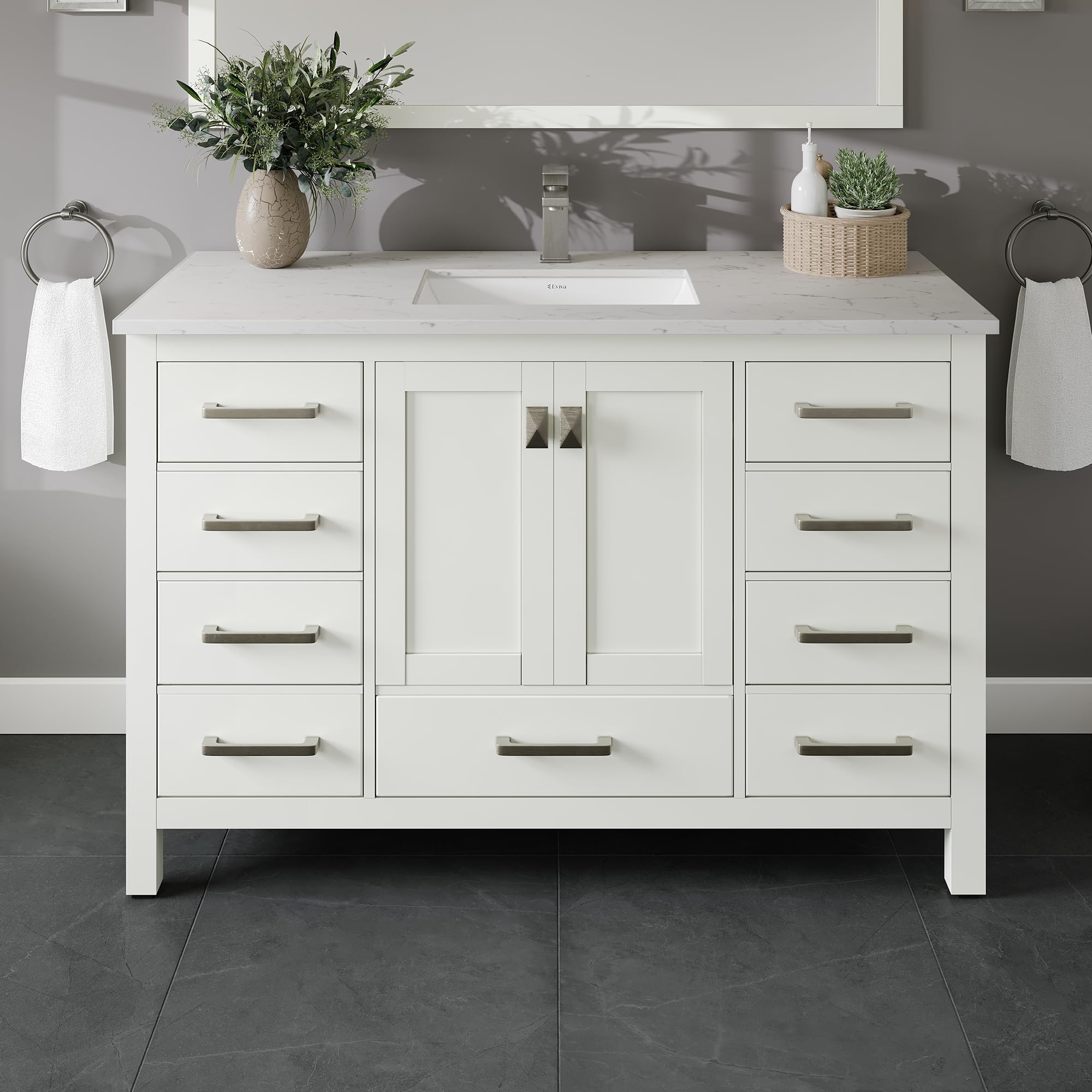 EvivaLondon 48 Bathroom Vanity with Top and Sink - Freestanding 48 Vanity with Sink and Countertop Quartz - White Single Sink Bathroom Vanity W/Porcelain Sink Combo for Modern Bathroom Vanities