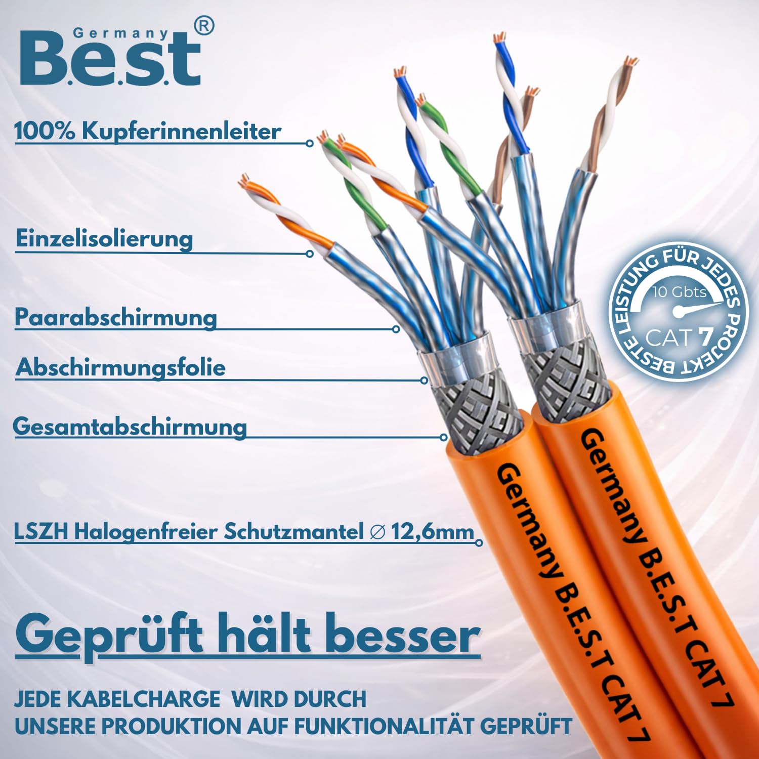 Germany B.e.s.t Cavo di rete duplex CAT 7, 100 m, in rame, LAN, cavo Ethernet, S/FTP, 10 Gbps, catat 7, in puro rame, cavo dati PoE+ LSZH