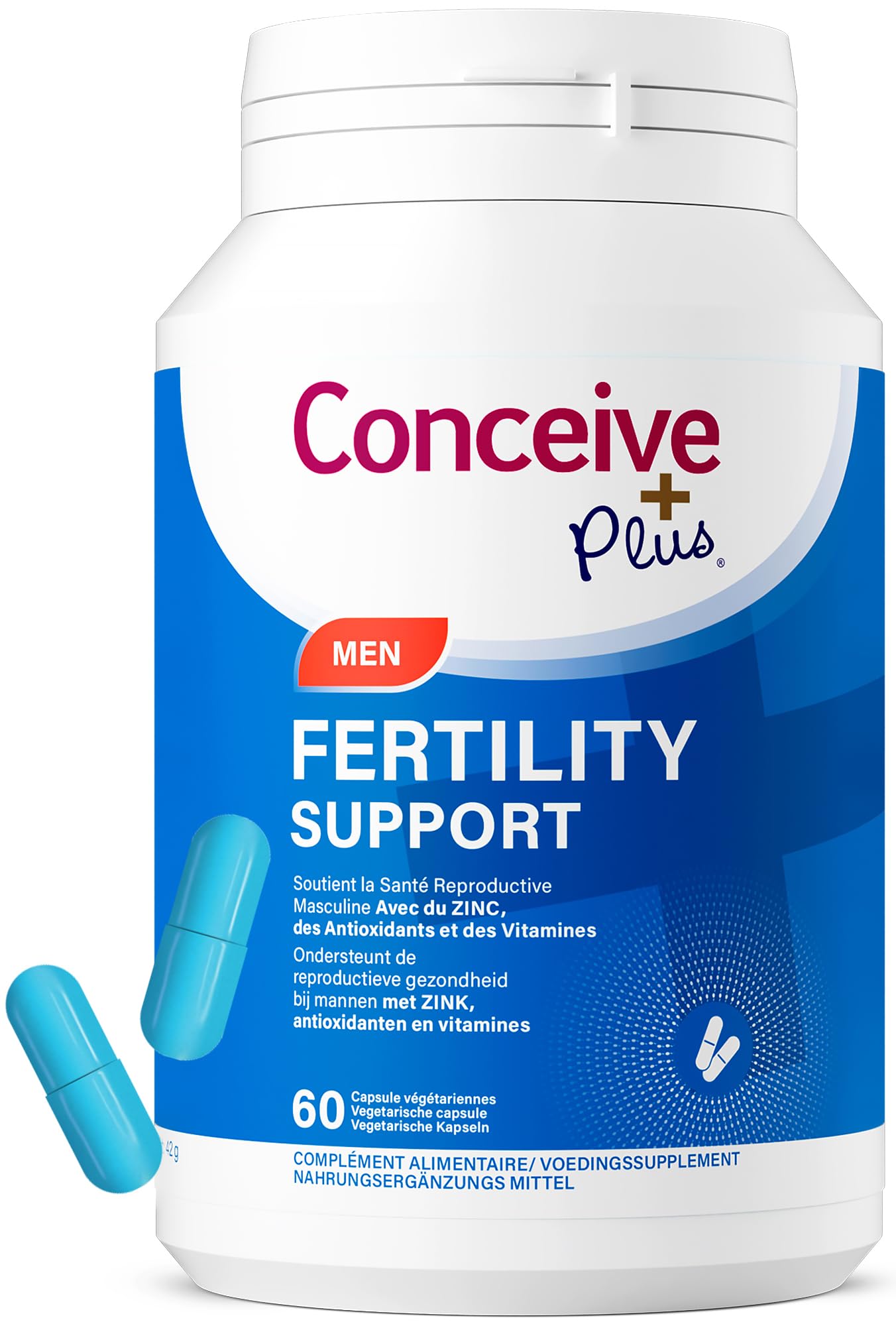 Conceive Plus Vitamines de fertilité pour homme - Stimule la testostérone, augmente la production de sperme - Zinc, folate, racine de Maca, sélénium, pilules - 60 capsules végétariennes