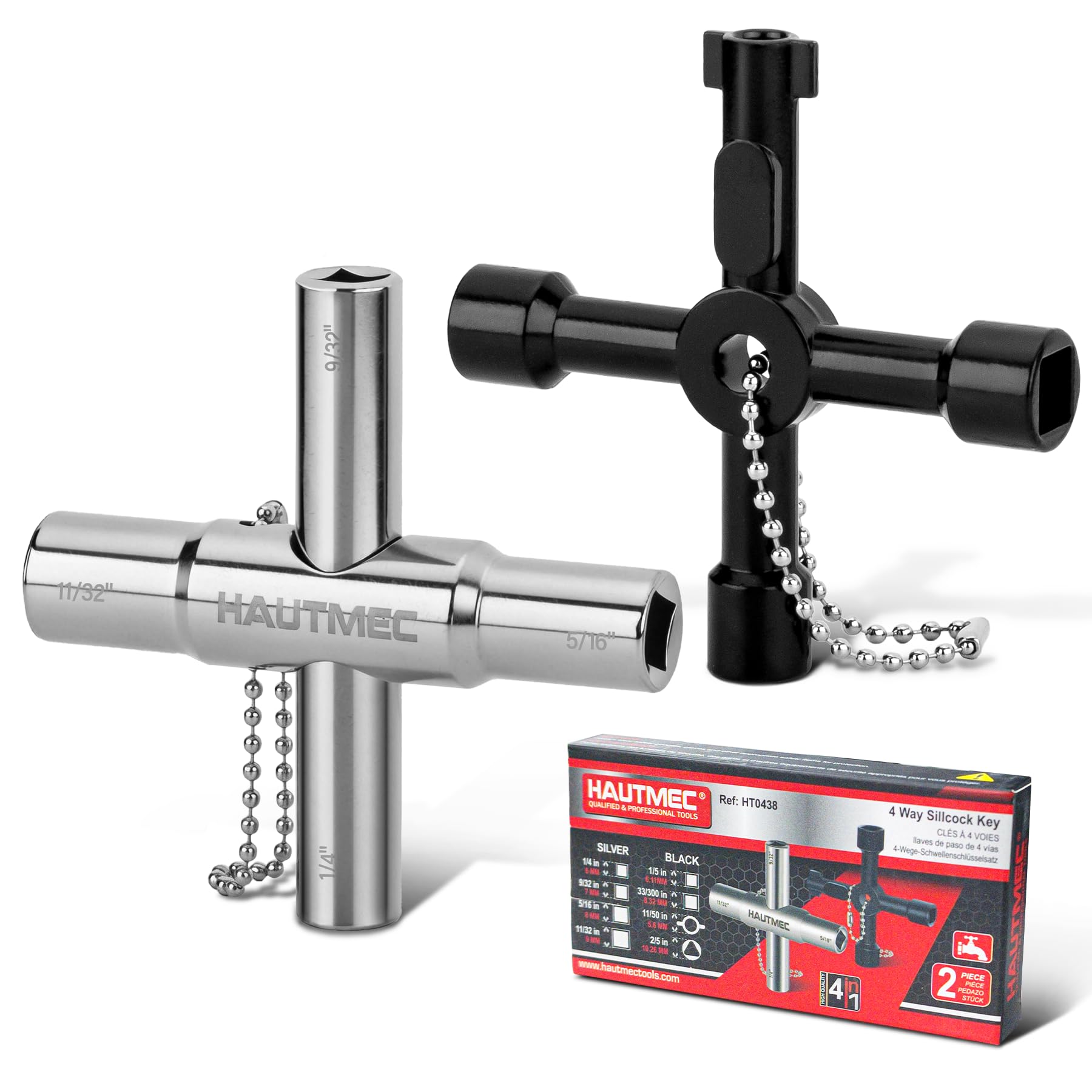 HAUTMEC 4 Way Sillcock Water Key Set 2 PCS, Universal Cross Water Spigot Key, Zinc Alloy Multi-Function Utility Key for Silcock Key 4 Way Faucets Valves Spigots, HT0438-WK