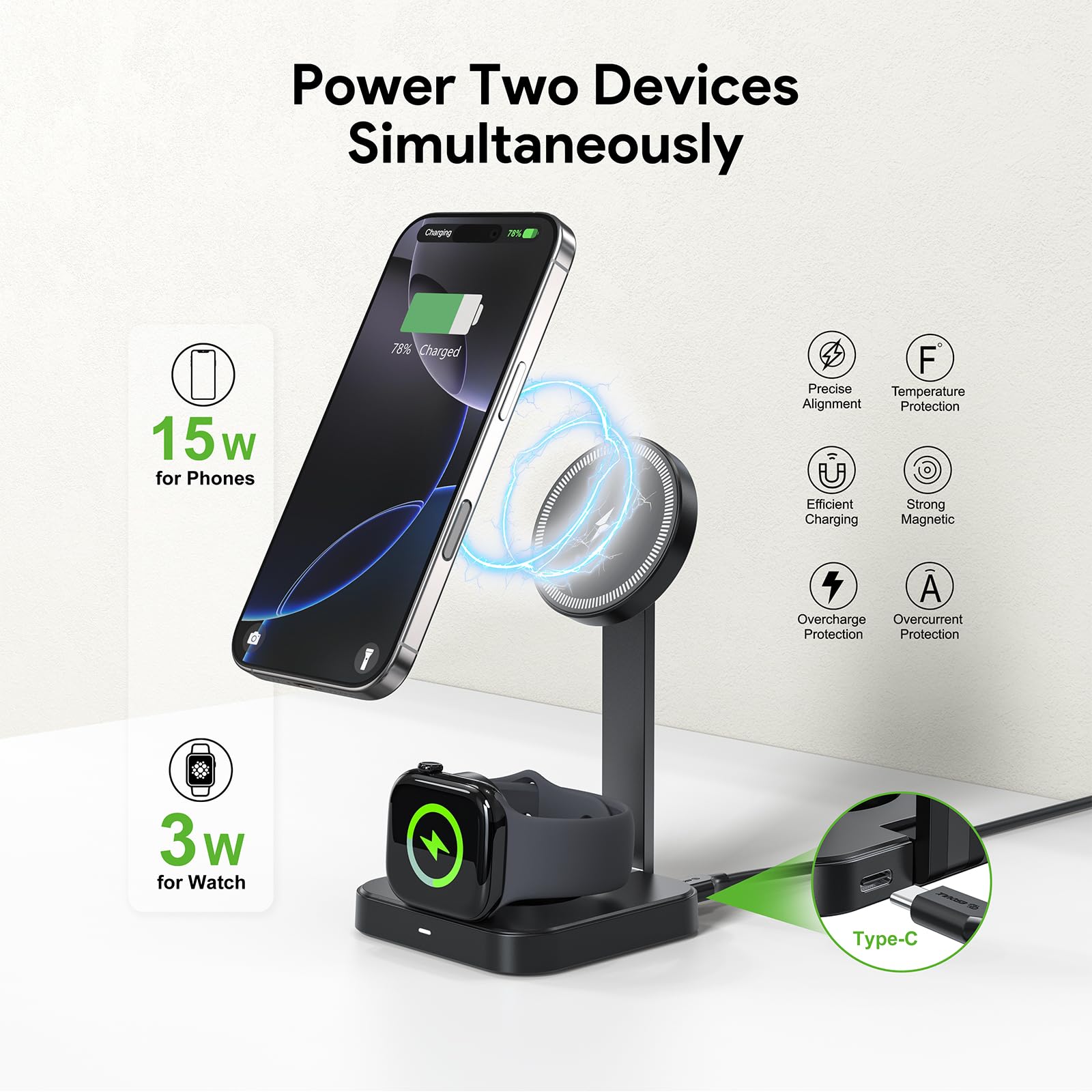Caricabatterie wireless 2 in 1 da 15 W, stazione di ricarica rapida magnetica pieghevole per iPhone, Apple Watch e Smart Watch
