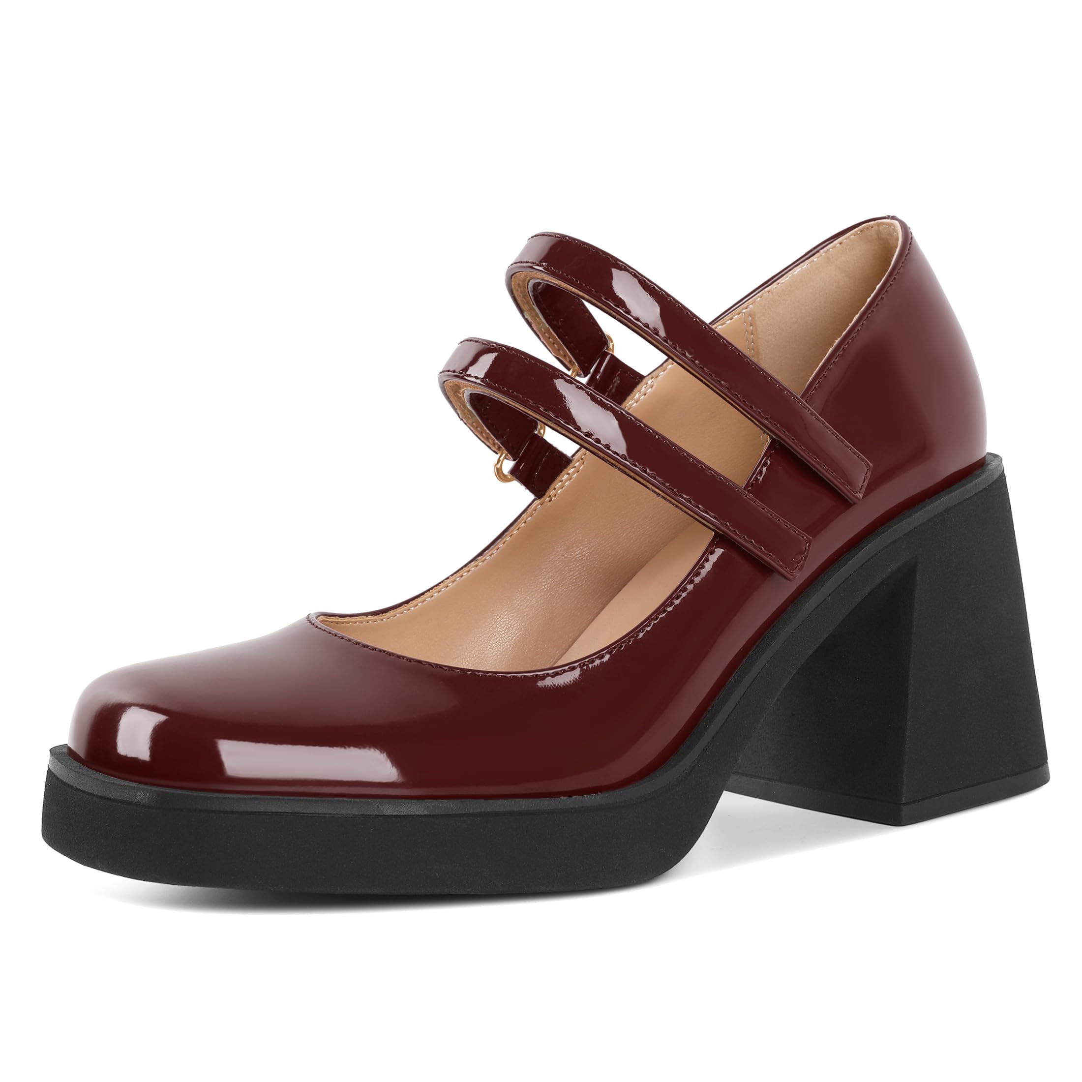 SAMMITOP Women's Platform Mary Jane Pumps Strap Square Toe Chunky Block High Heels Fashion Wedding Party Shoes 3.5 Inch