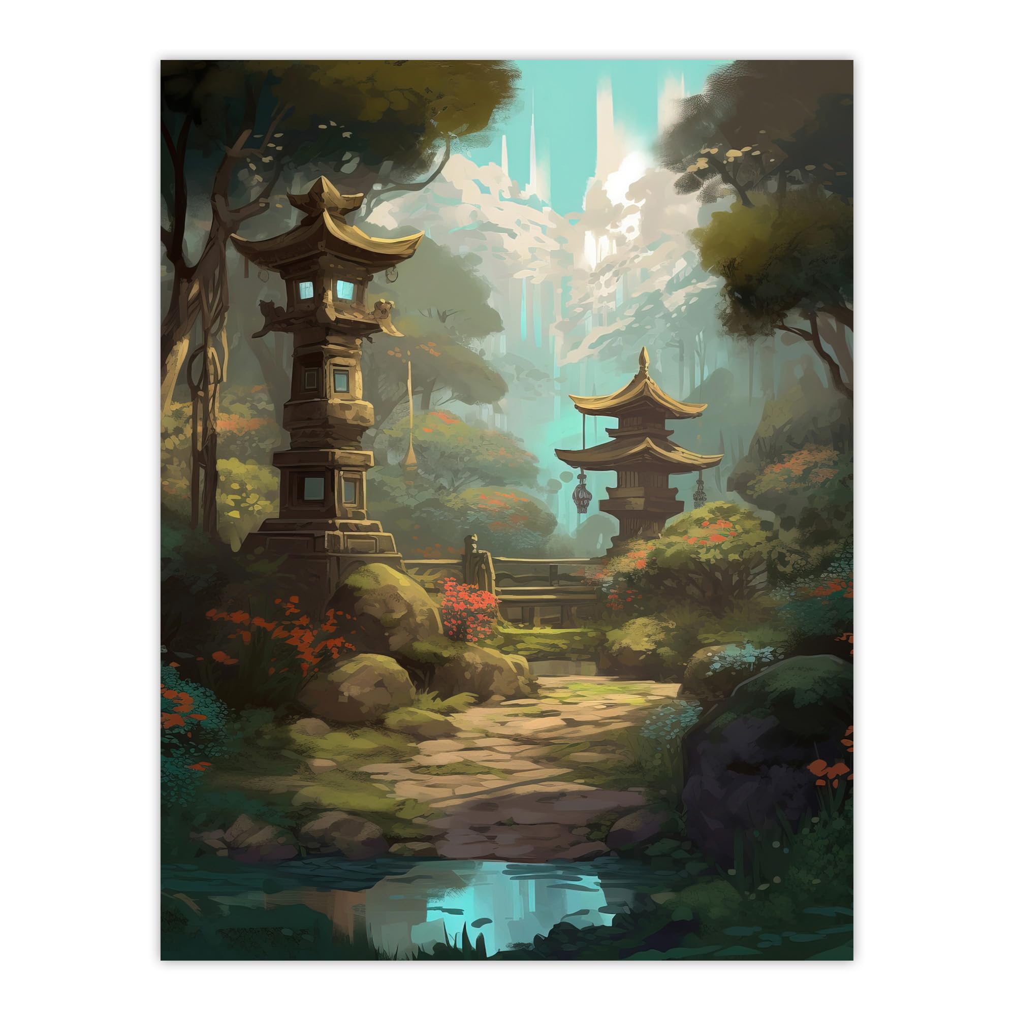 Japan Garden Wall Art Print - Traditional Painting with Towers and Stone Lanterns - Bright Lake Spring Landscape Poster - W24 inch x H32 inch