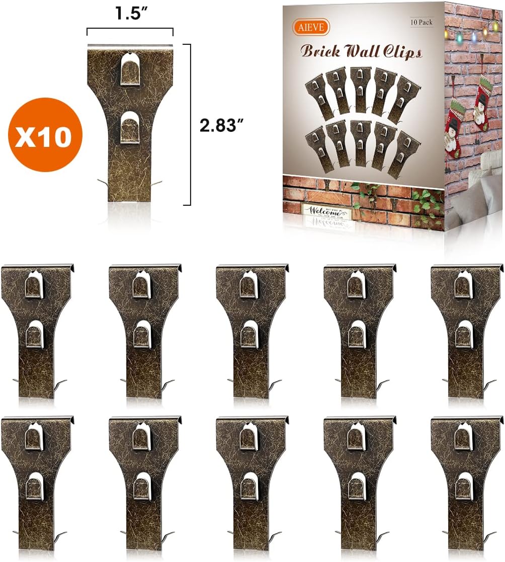 AIEVE Brick Wall Clips for Hanging Outdoors, 10 Pack Brick Hooks Brick Hangers No Drill, Picture Hangers Brick Wall Hangers Siding Hooks Mount on Brick Without Drilling, Fit 2-1/4 to 2-1/2
