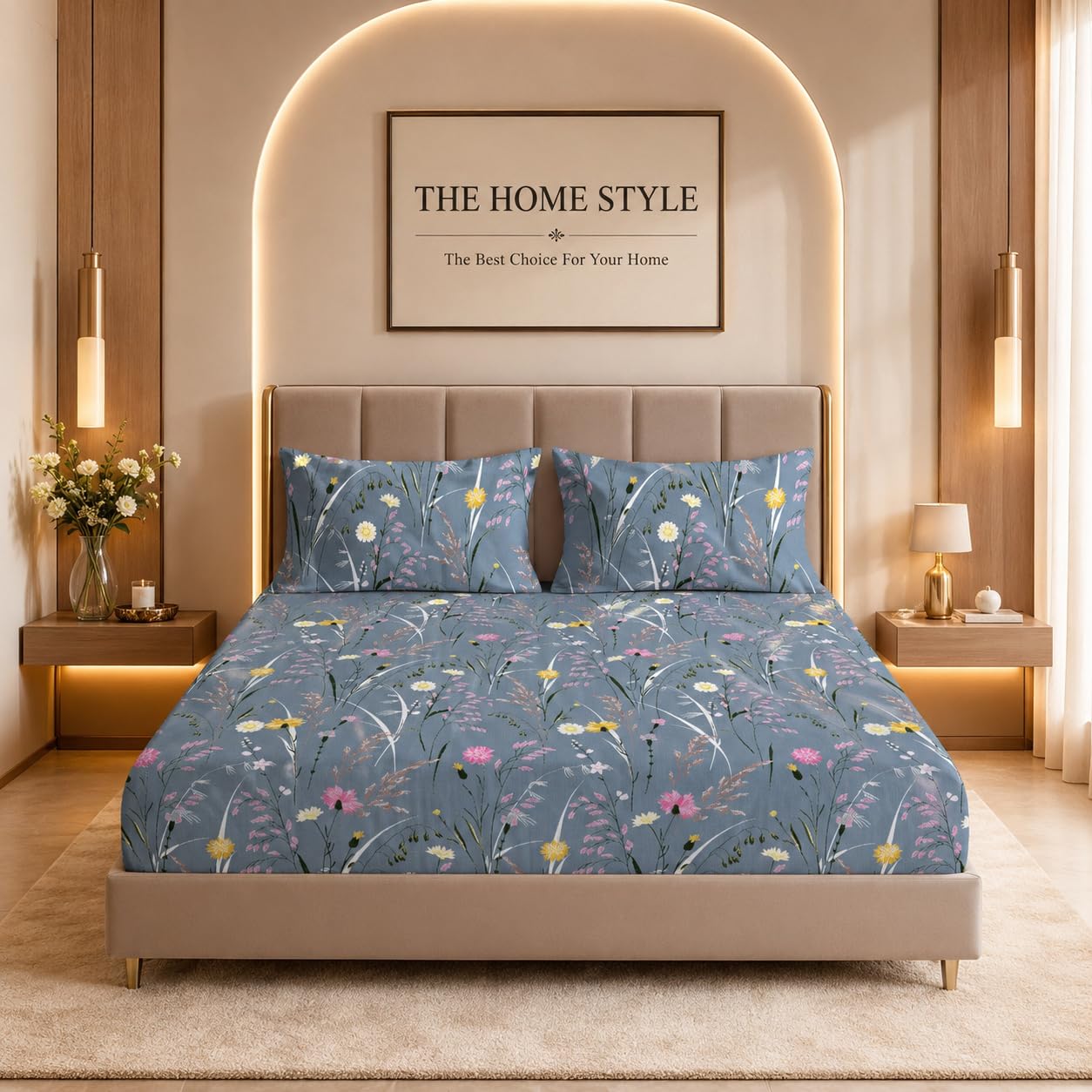 THE HOME STYLE Cotton Feel Glace Cotton Elastic Fitted Printed Queen Size Double Bed Bedsheet with 2 Pillow Cover Fits Upto 8 Inches Mattress, 300TC (60"x78", Bluebell Whisper)
