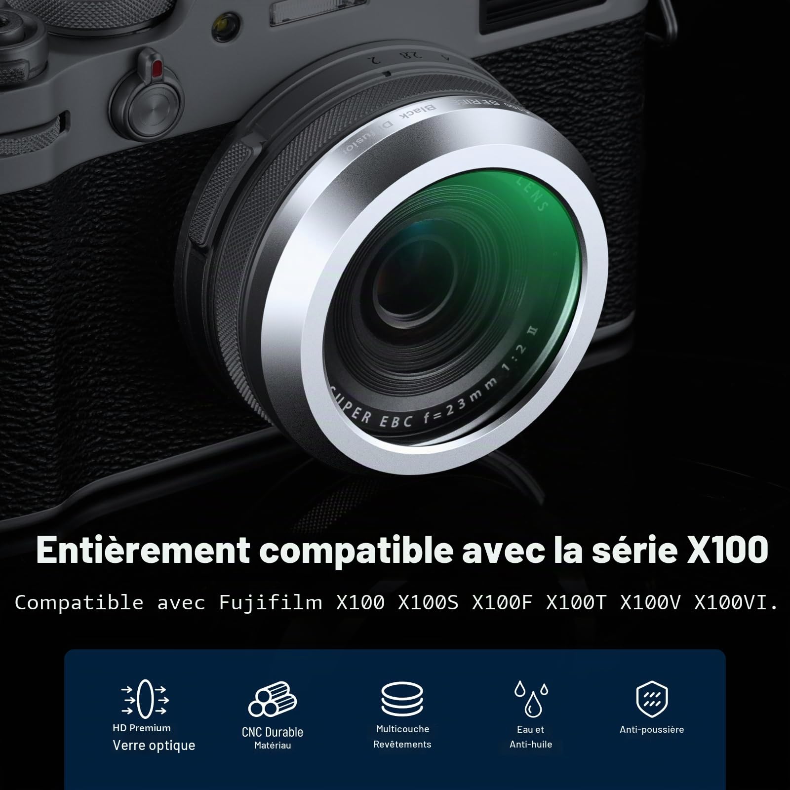 NEEWER Noir Diffusion 1/4 Filtre, Effet cinématique Filtre d'objectif pour Appareil Photo série X100, Verre Optique à revêtement Multiple, pour Fujifilm X100 X100S X100F X100T X100V X100VI Appareil