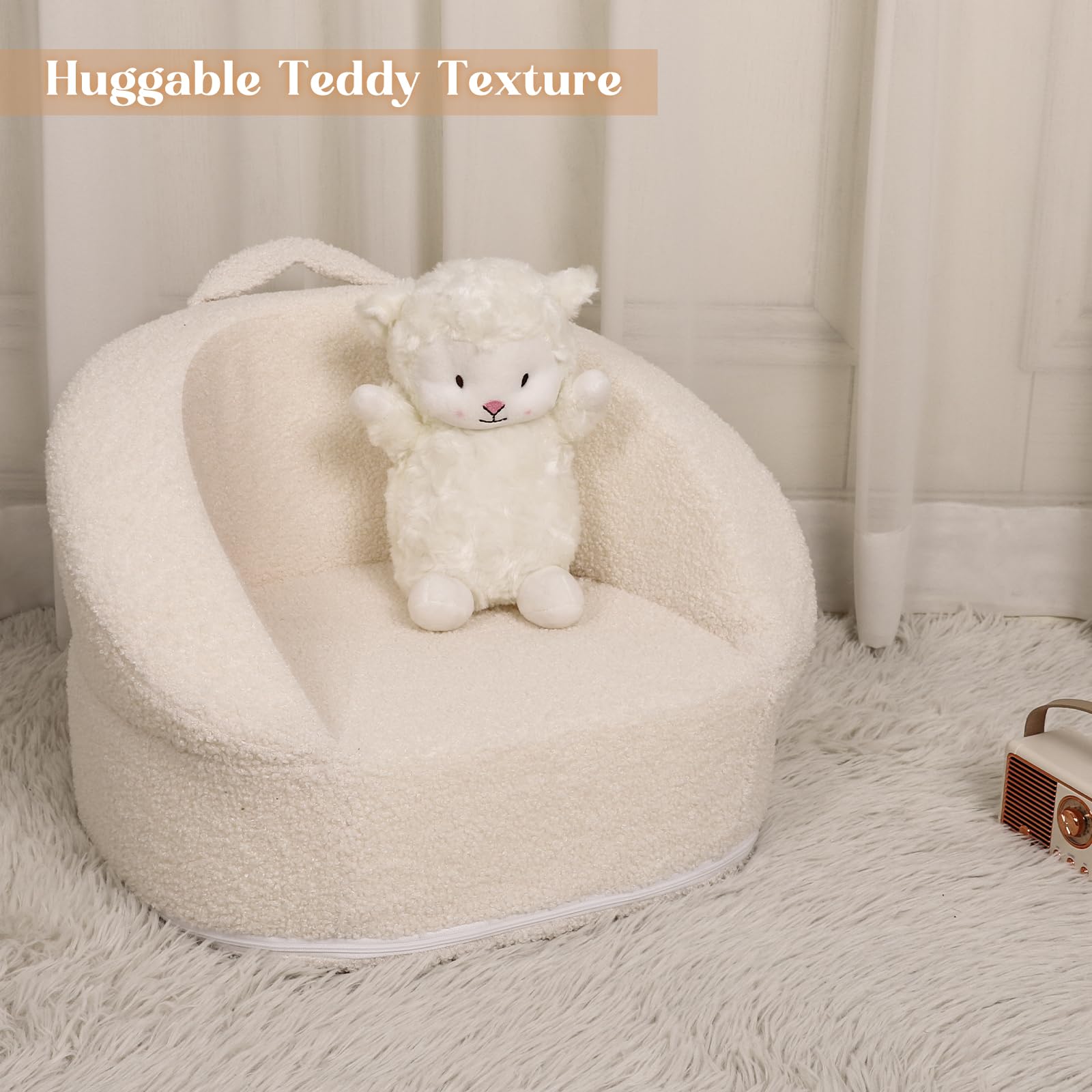 Mini sofá de peluche para niños, silla portátil compacta de 17.3 pulgadas con asa de transporte, funda lavable, diseño seguro y resistente, adecuada para niños y niñas, color blanco 6