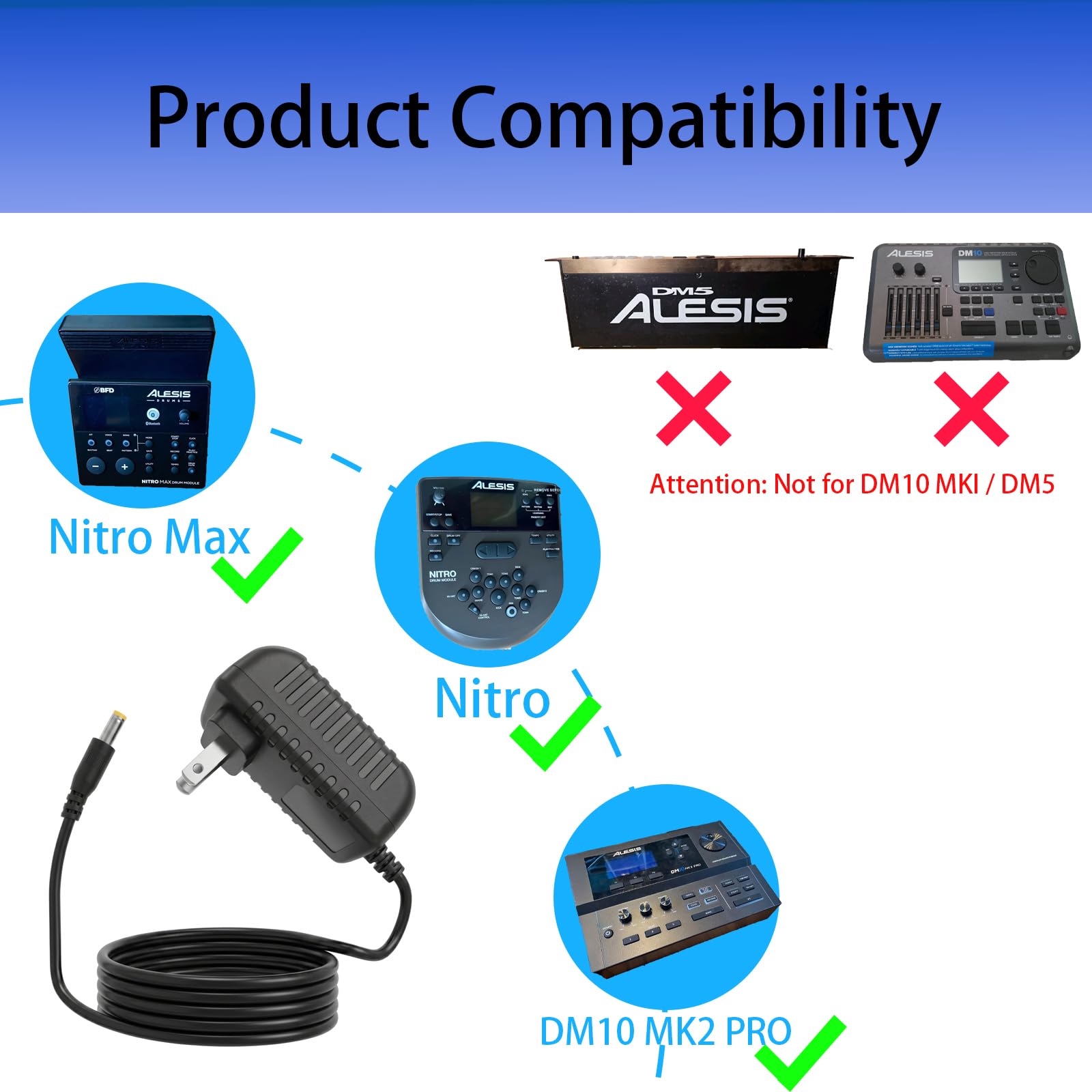 9V DC Netzkabel kompatibel mit Alesis Nitro Max Kit, DM10 Modul Elektronisches Trommelnetzteil, Adapter für Alesis Command Mesh Kit
