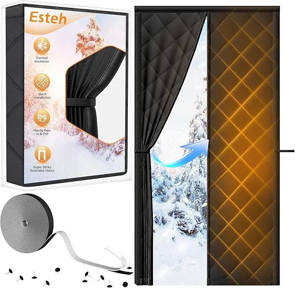 Magnetic Thermal Insulated Door Curtain for Winter Fits Door Size 32" x 80", Temporary Thermal Door Cover for Cold with Thickened Cotton, Window Insulation Kit for Sliding Glass Doorways-Black