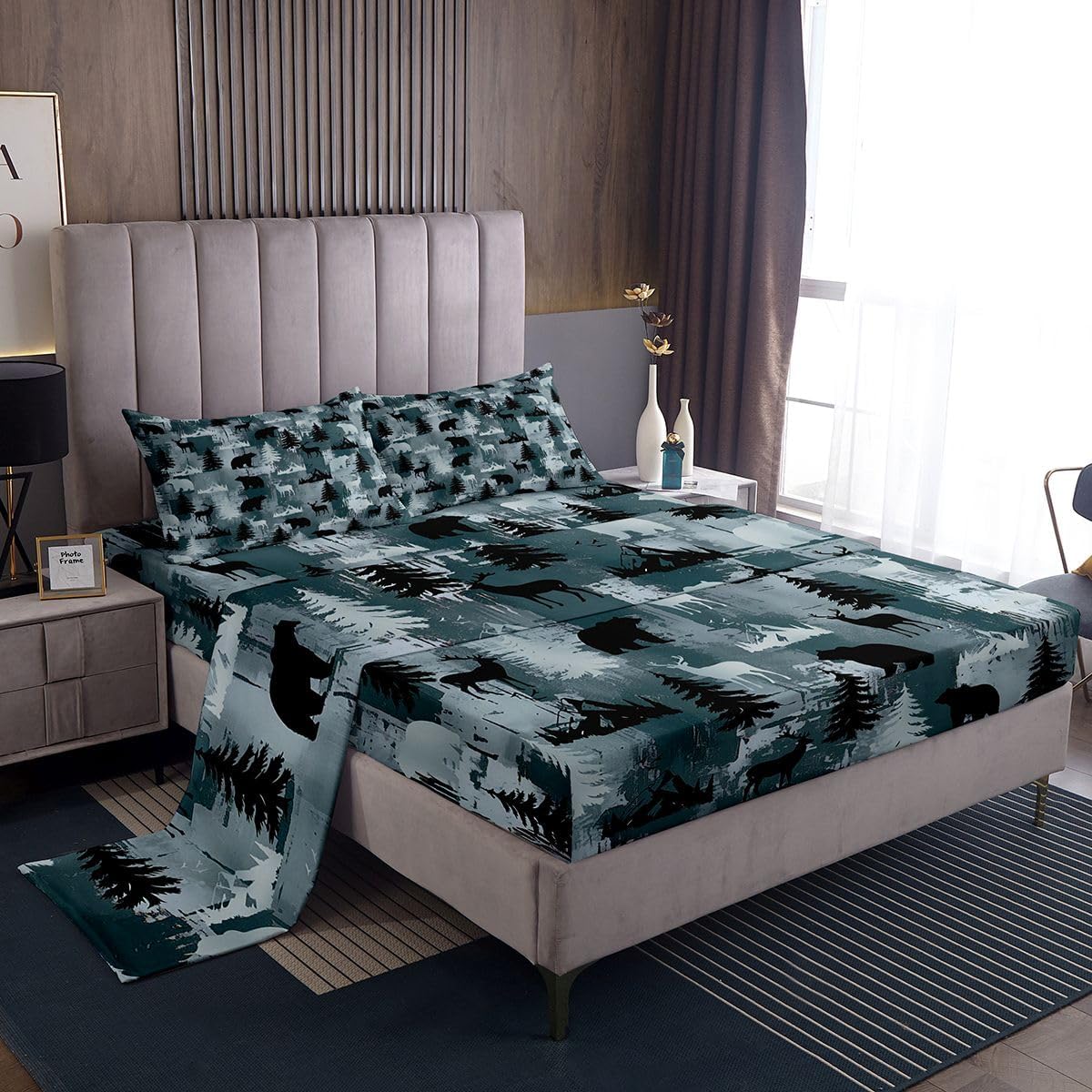 Rustic Farmhouse Sheet Set Queen Bear Moose Deer Bed Sheets For Cabin Lodge,Mountain Pine Tree Country Bedding Set Woodland Animal Fitted Sheet Retro Black Grey Blue Flat Sheet Home Room Decor 4 Pcs