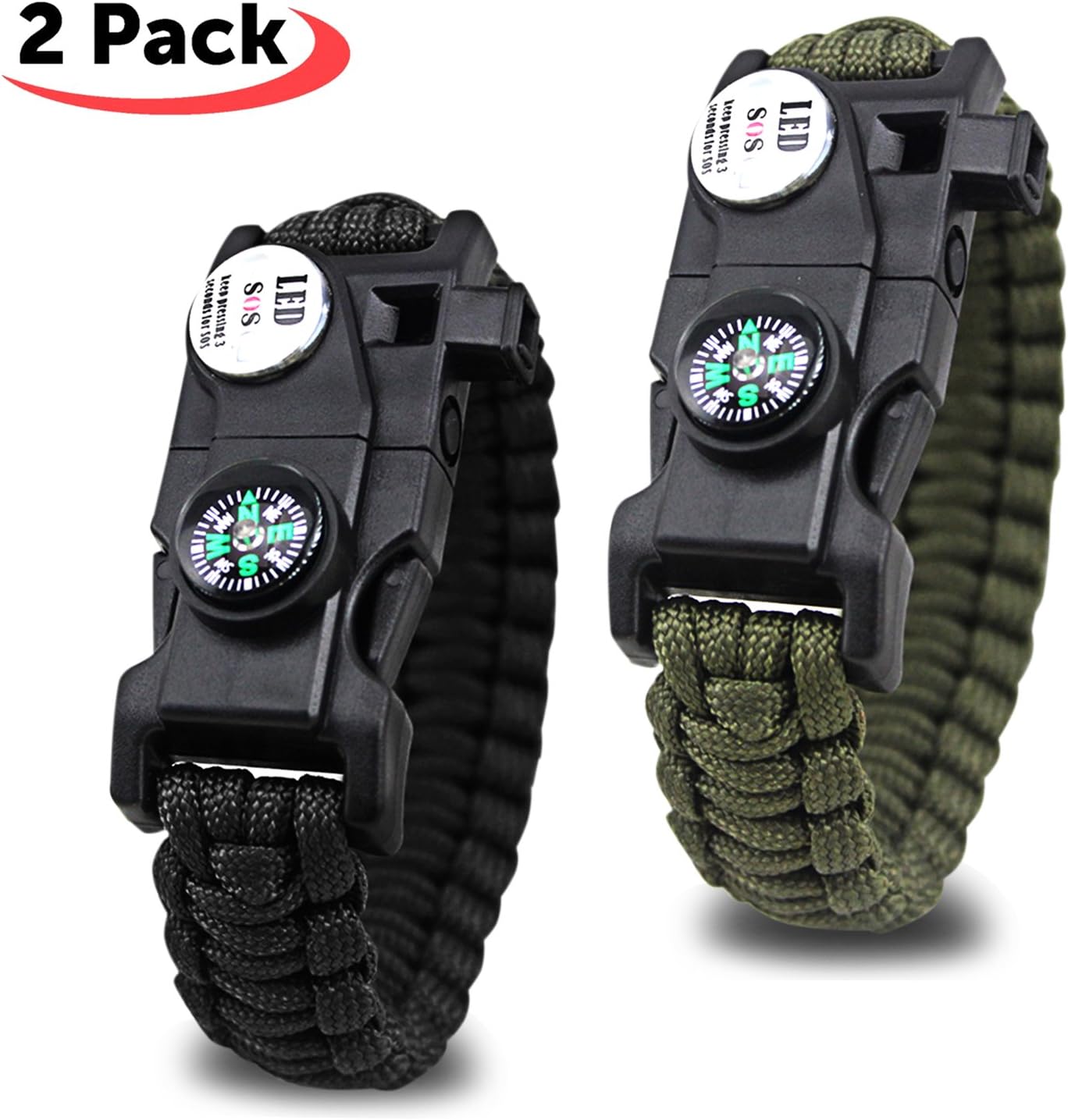 Huaanlonguk SOS Paracord Bracelet,20 in 1 Emergency Survival Kits with LED Light, Fire Starter, Compass, Whistle Perfect for Hiking Camping(2Pack)