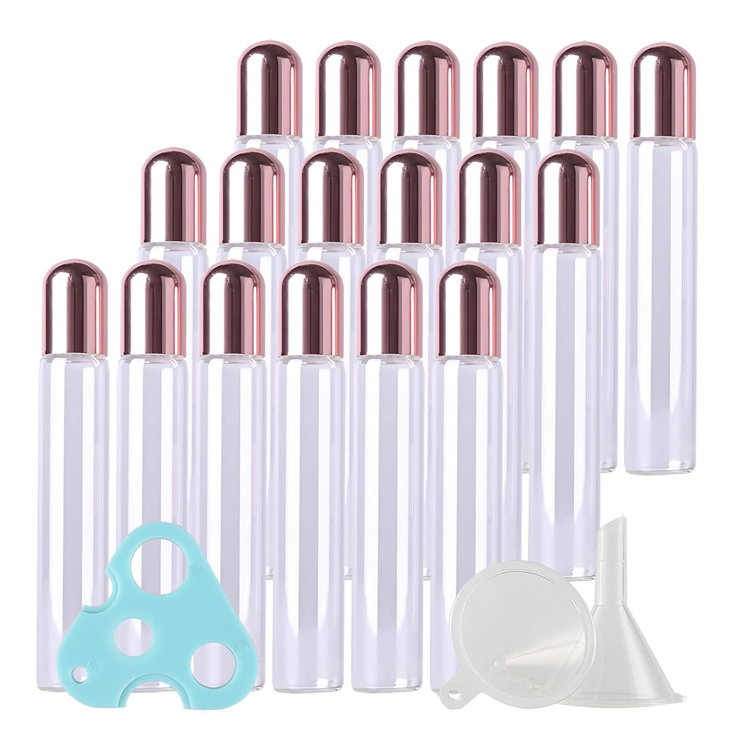 Sprühflasche aus Kunststoff, 50er-Pack, nachfüllbar, 10 ml, transparentes Glas, Roll-on, ätherisches Öl, Roller, leerer Glasprobenbehälter mit rosa Kappe für flüssiges P