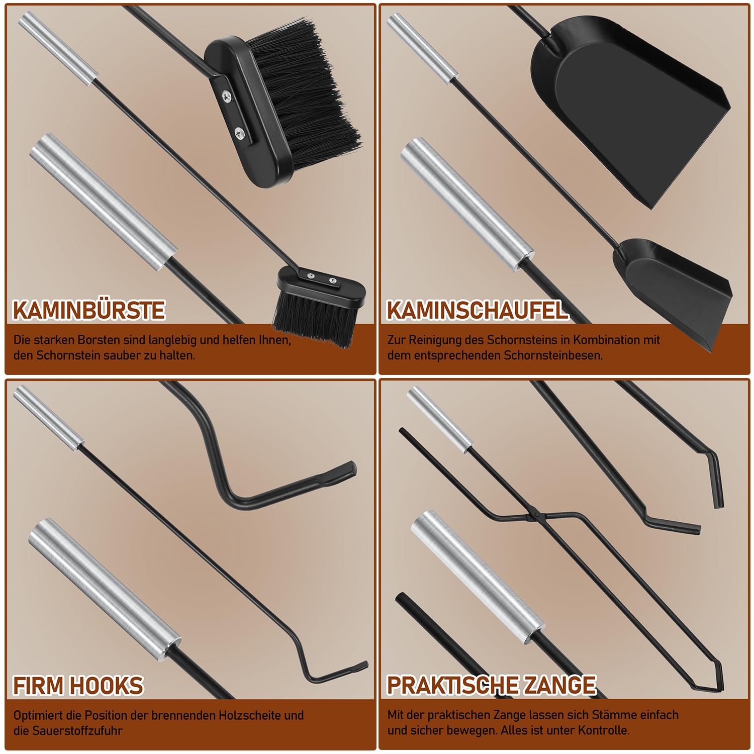 Kaminbesteck Set 5-teilig Schwarz | Mit Ständer | Aus Eisen & Edelstahl | Für Kamin & Kaminofen