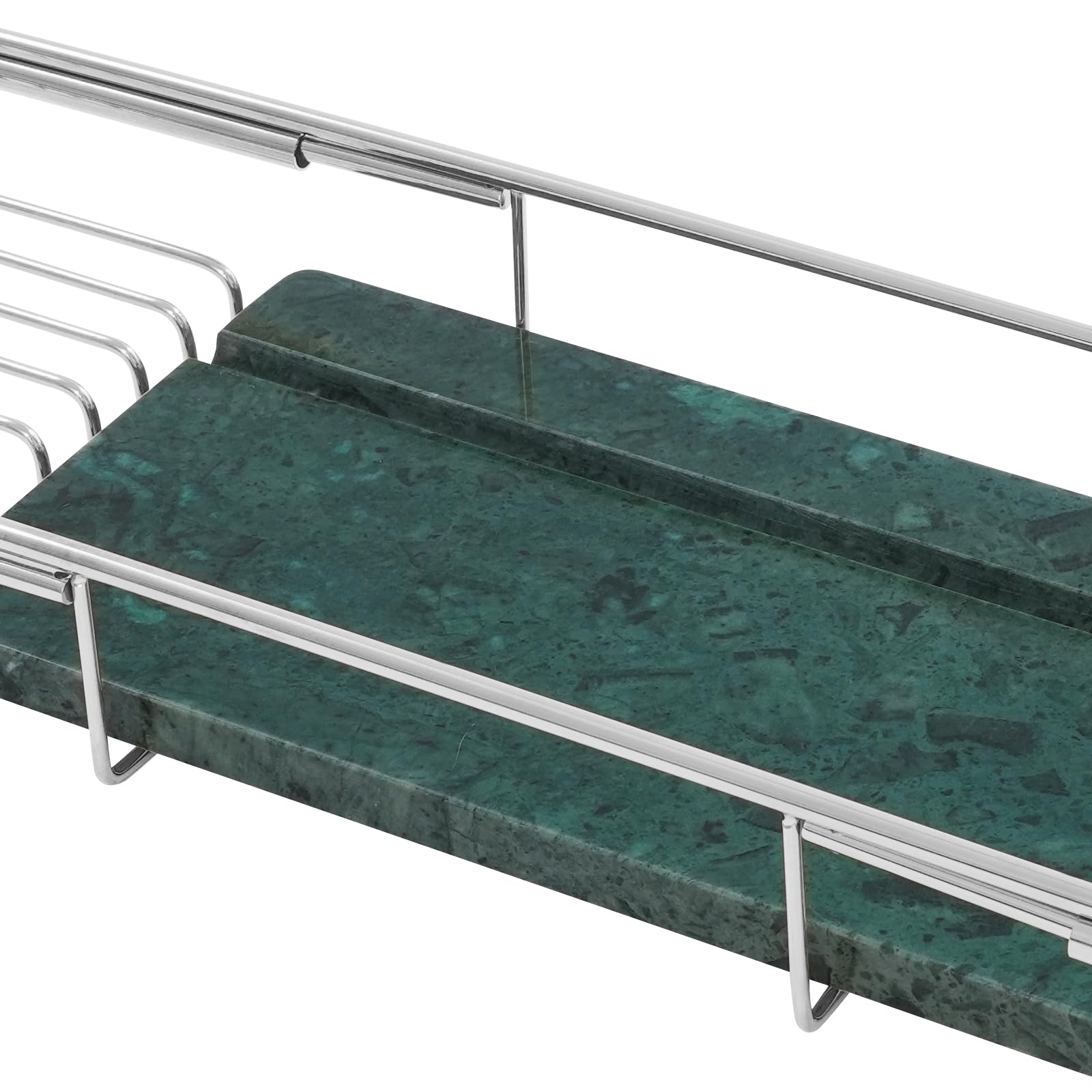 Bandeja de bañera de acero inoxidable, capacidad de 20 kg, bandeja moderna de mármol verde, herramienta expandible para baño, cocina y hotel, ajustable de 27 a 35.5 pulgadas (plata + verde)